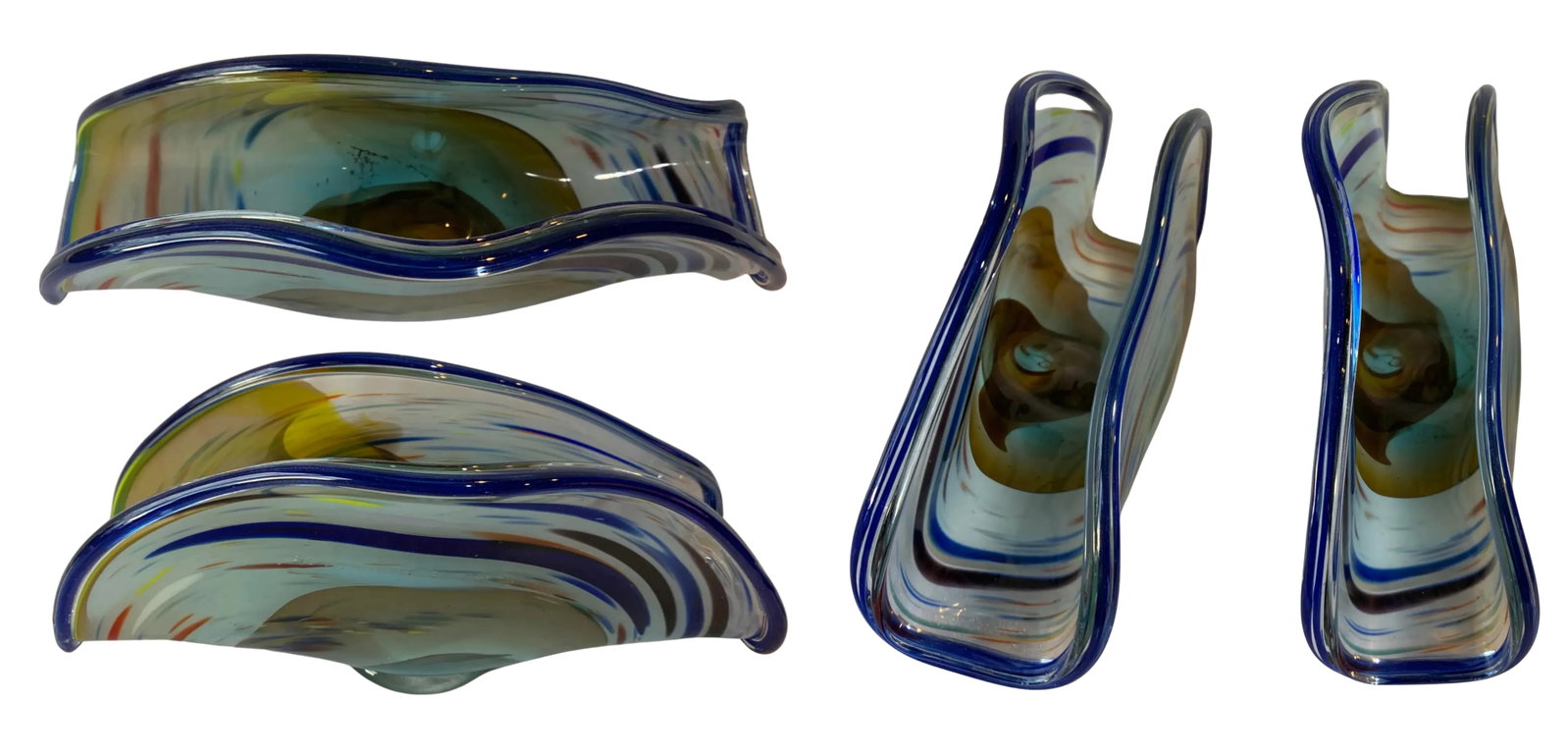 Art Glass Signed Blue Swirl Clam Shaped Vase - 11