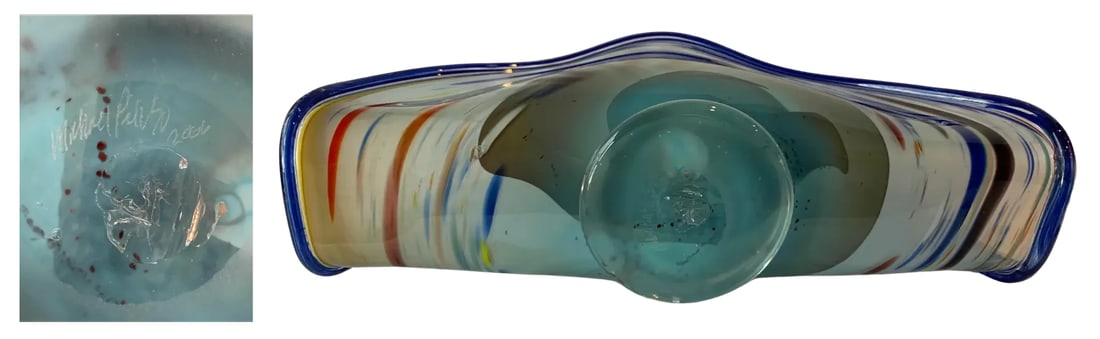 Art Glass Signed Blue Swirl Clam Shaped Vase - 12