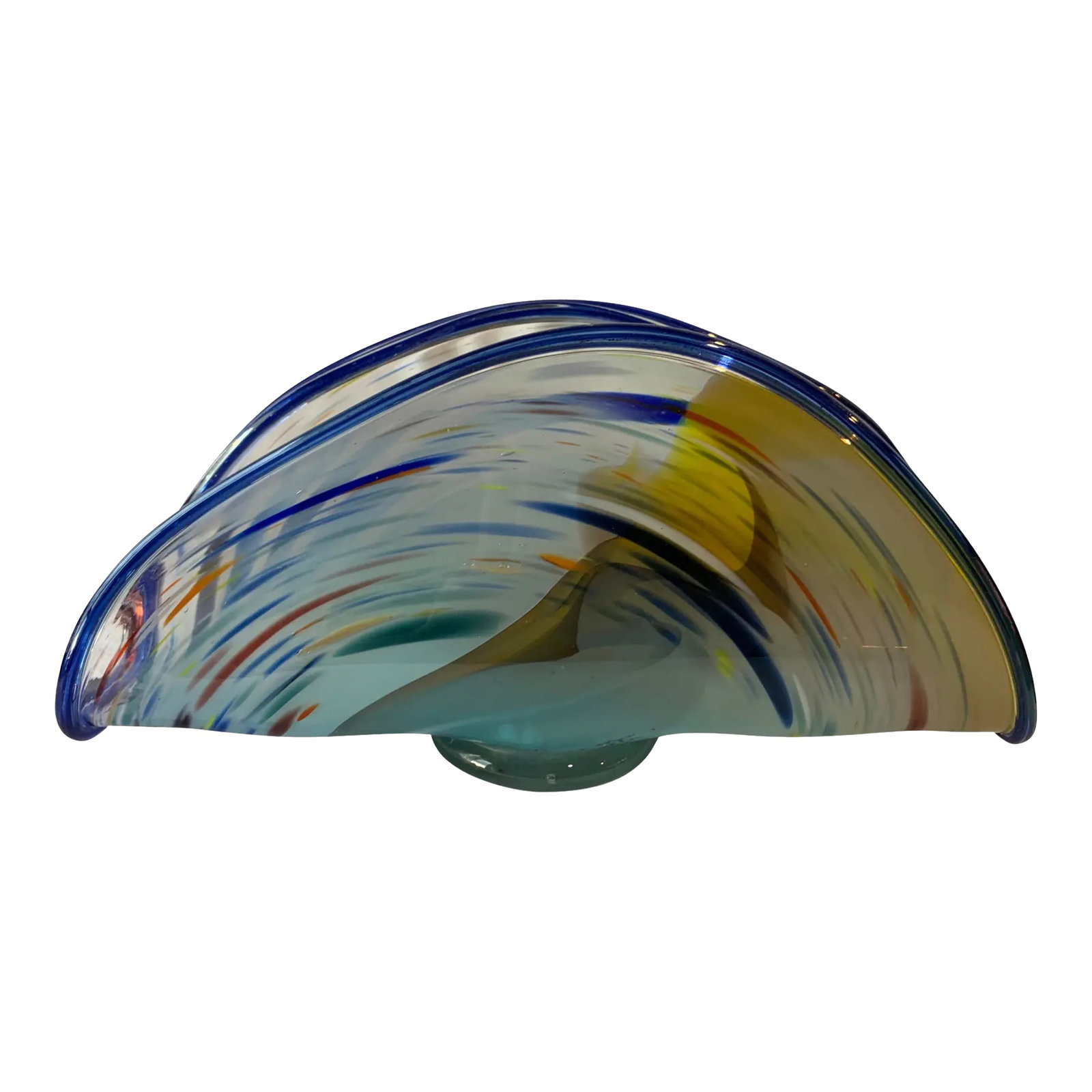 Art Glass Signed Blue Swirl Clam Shaped Vase: This exquisite hand-blown vase, signed and dated 2006, is a true work of art. Measuring 13 inches in width, it features a graceful clam-shaped profile with a smooth, elegantly arched lip and a clear,