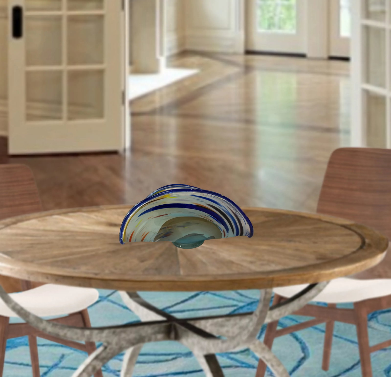 Art Glass Signed Blue Swirl Clam Shaped Vase - 3