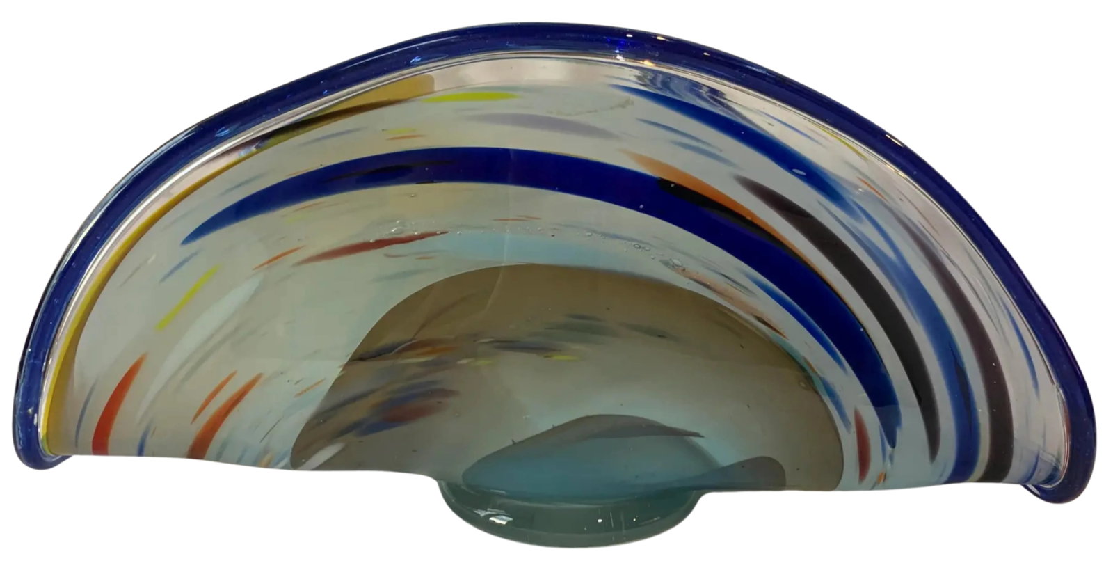 Art Glass Signed Blue Swirl Clam Shaped Vase - 8