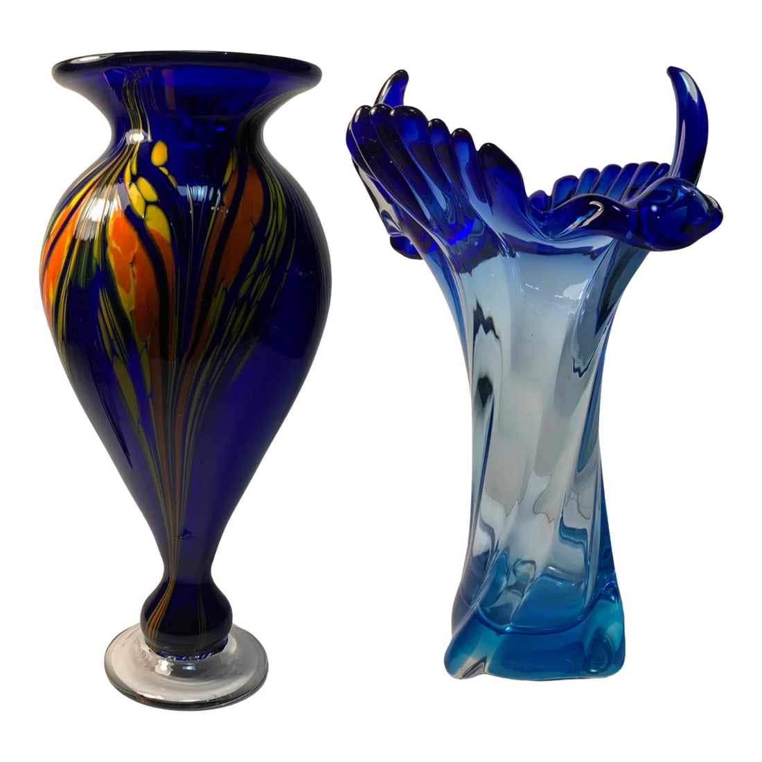 Signed Cobalt Blue Art Glass Vases - A Pair: The first vase, created by Seattle glass artist James Moody in 2005, is an exceptional piece that stands 11 ¼ inches tall, with a 6-inch width and depth. Its elegant, bulbous body gently tapers