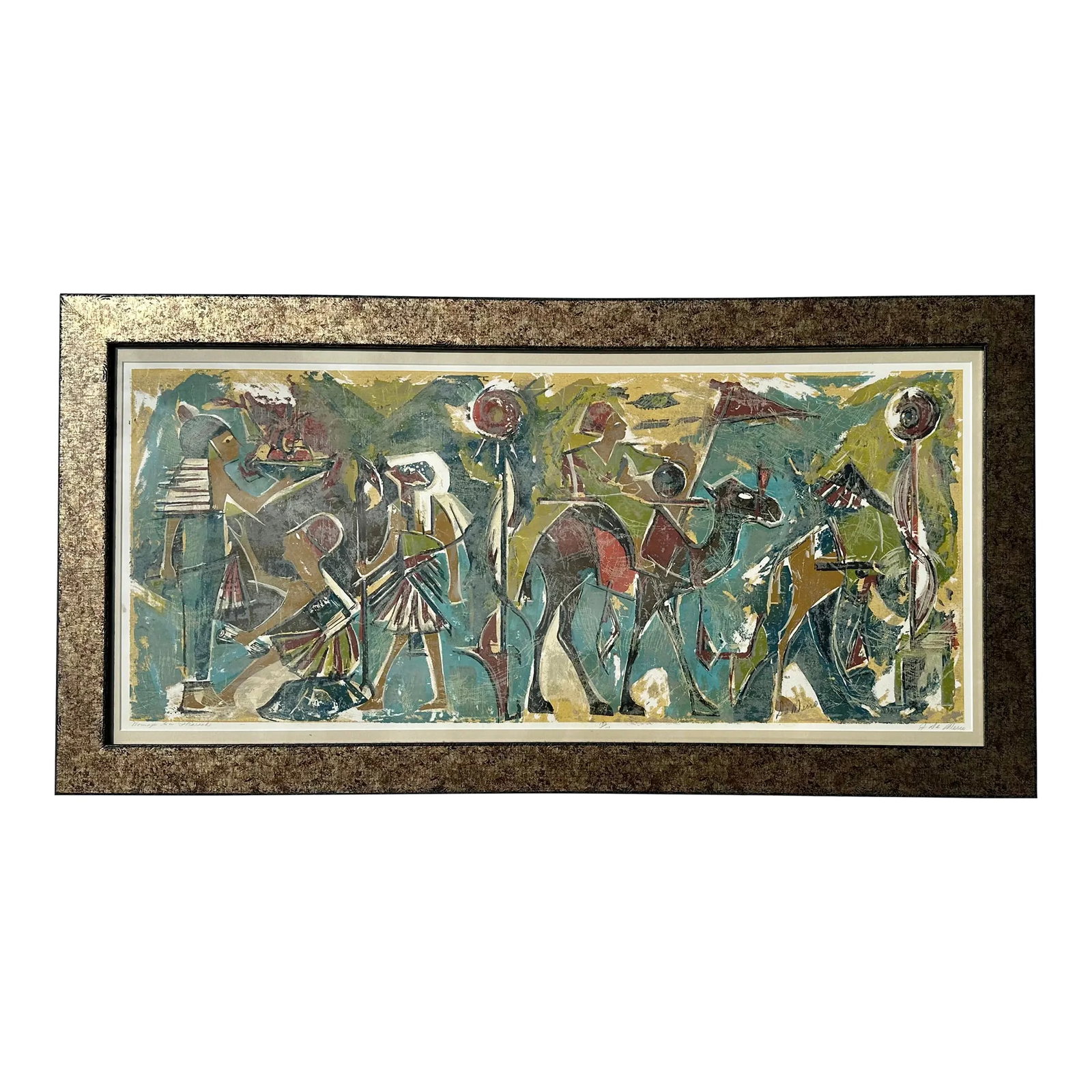 Homage to the Pharoah, Lithograph by J. Demerio (Framed): Mid-century modern lithograph by J. Demerio, depicting a stylized scene reminiscent of ancient Egyptian art. Signed and numbered, 130/150, depicts a journey of figures and animals in a procession