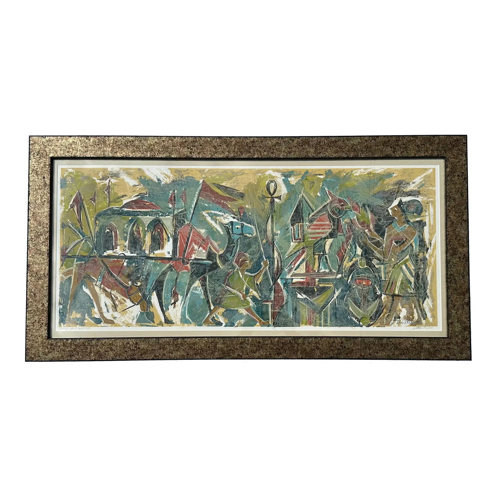 1970s Hodog for a Groom, Lithograph by J. Demerio, Framed: Mid-century modern lithograph by J. Demerio, depicting a stylized scene reminiscent of ancient Egyptian art. Signed and numbered, 130/150, depicts a journey of figures and animals in a procession