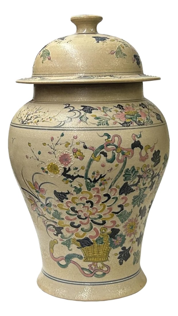 Vintage Historic Treasure Flower Theme Beige Base Ceramic Pot Vase (1 of 6)