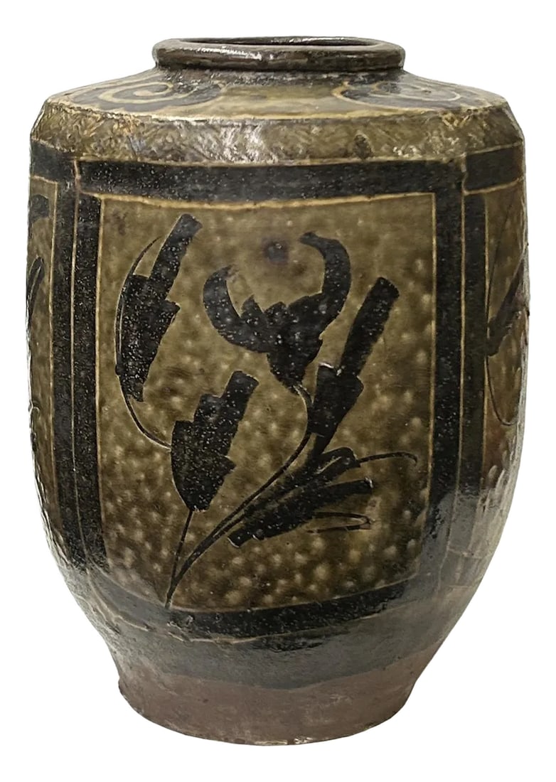 Vintage Earthy Beige Brown Village Rural Pottery Ceramic Pot Vase: This ancient ceramic jar exudes a rustic charm, its weathered surface telling tales of centuries past. The vessel, crafted from earthy pottery ware, features a rounded body that tapers slightly