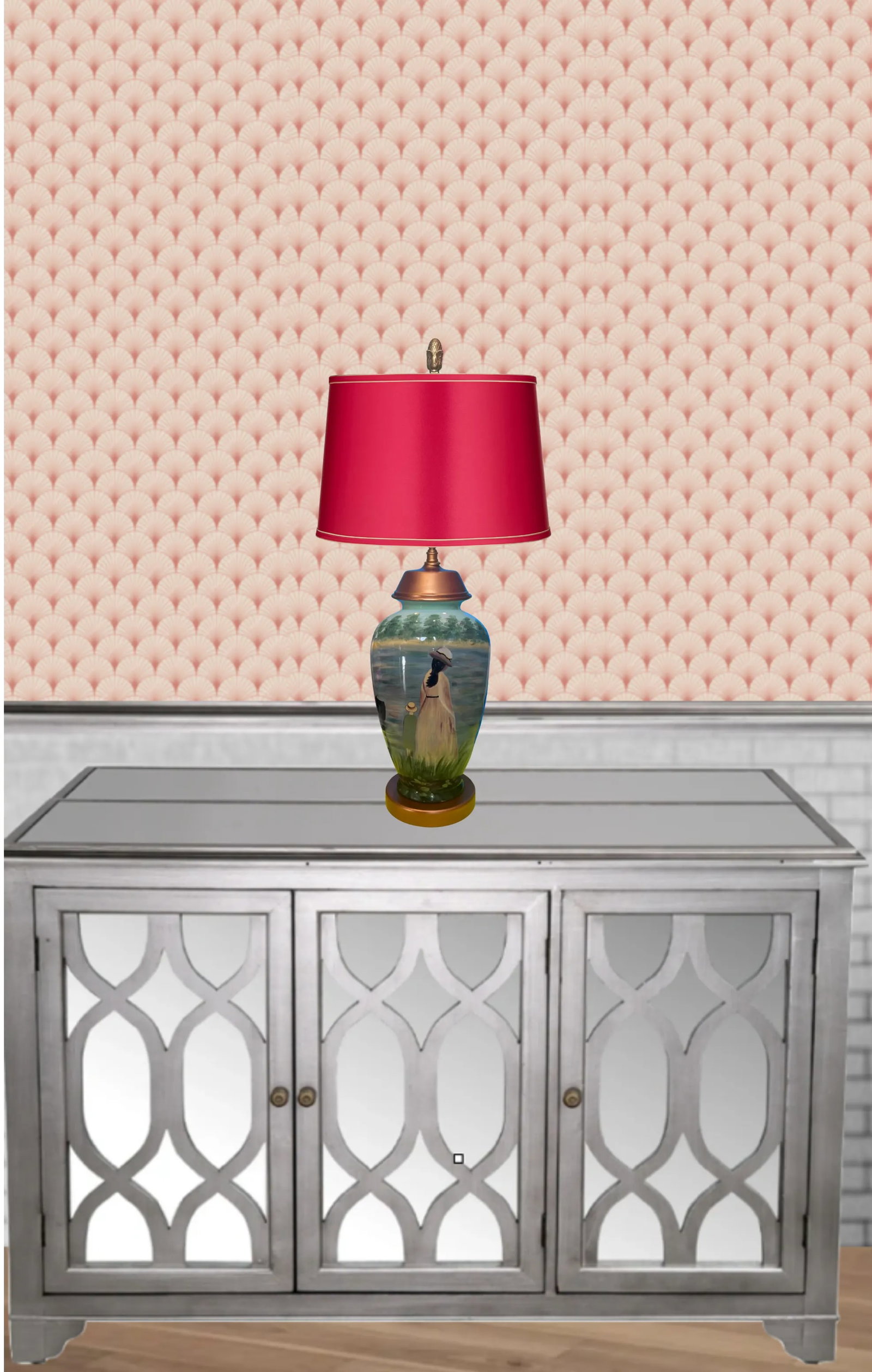 Vintage Toyo Porcelain Table Lamp Lake Side Boating Scene - 11