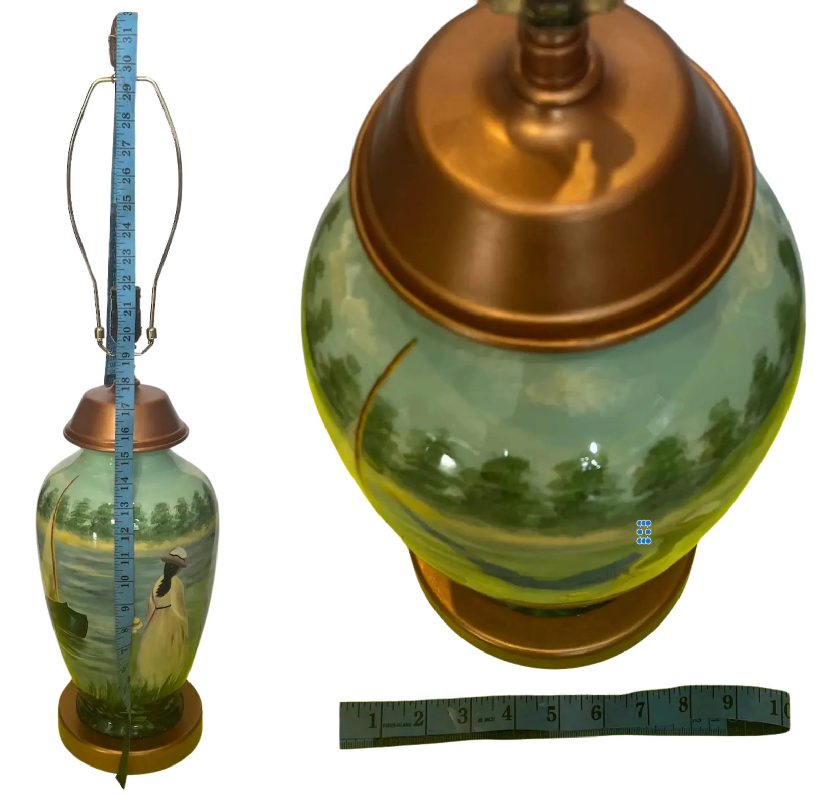Vintage Toyo Porcelain Table Lamp Lake Side Boating Scene - 12