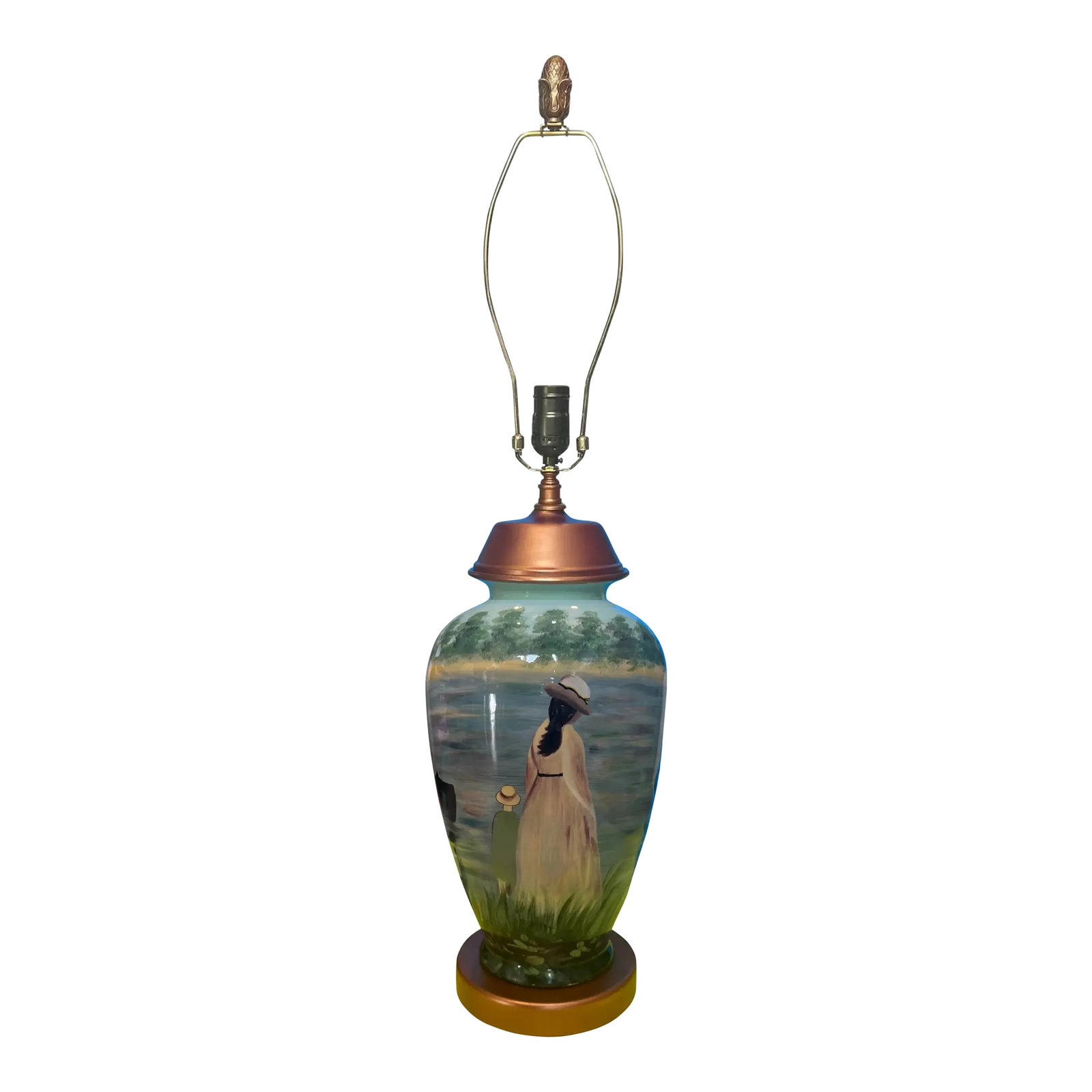 Vintage Toyo Porcelain Table Lamp Lake Side Boating Scene: This one of kind table lamp was designed using hand painted mid-century porcelain from the Toyo company of Japan, combined with vintage copper tone brass lamp parts. The bulbous body of the lamp