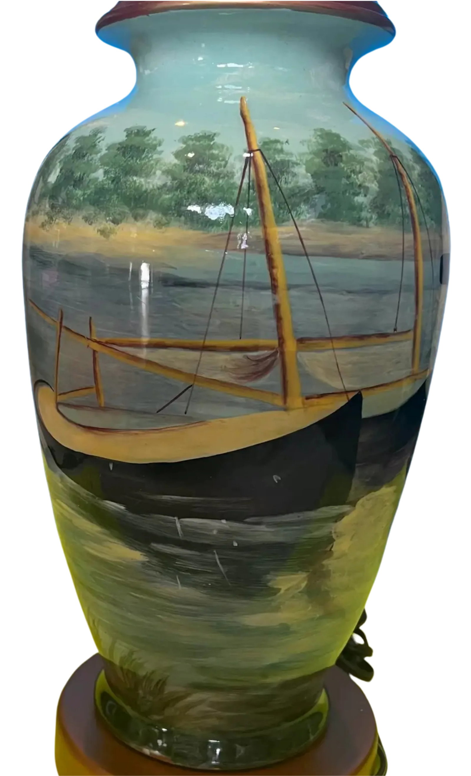 Vintage Toyo Porcelain Table Lamp Lake Side Boating Scene - 4