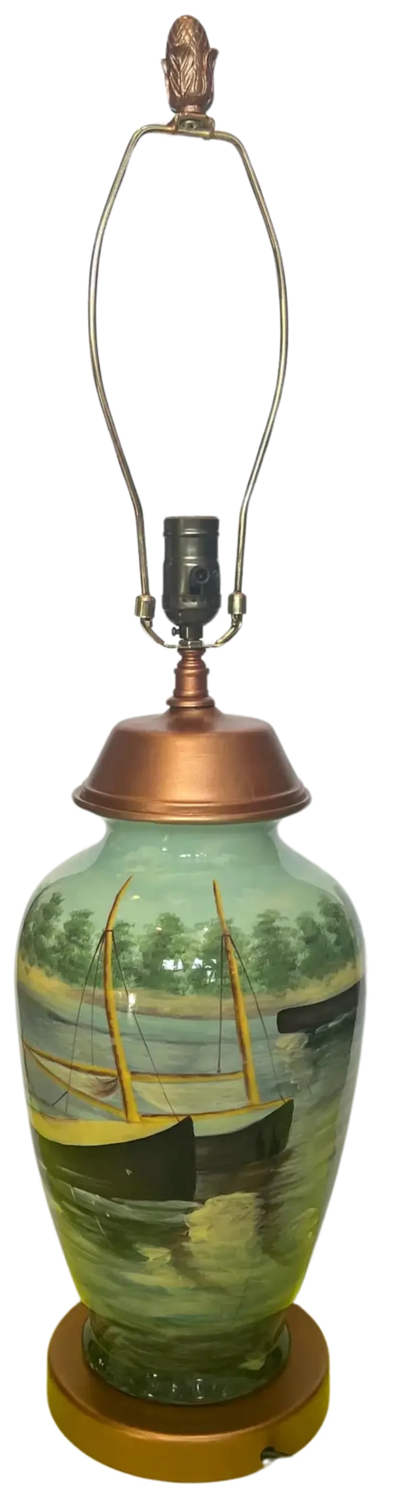 Vintage Toyo Porcelain Table Lamp Lake Side Boating Scene - 8