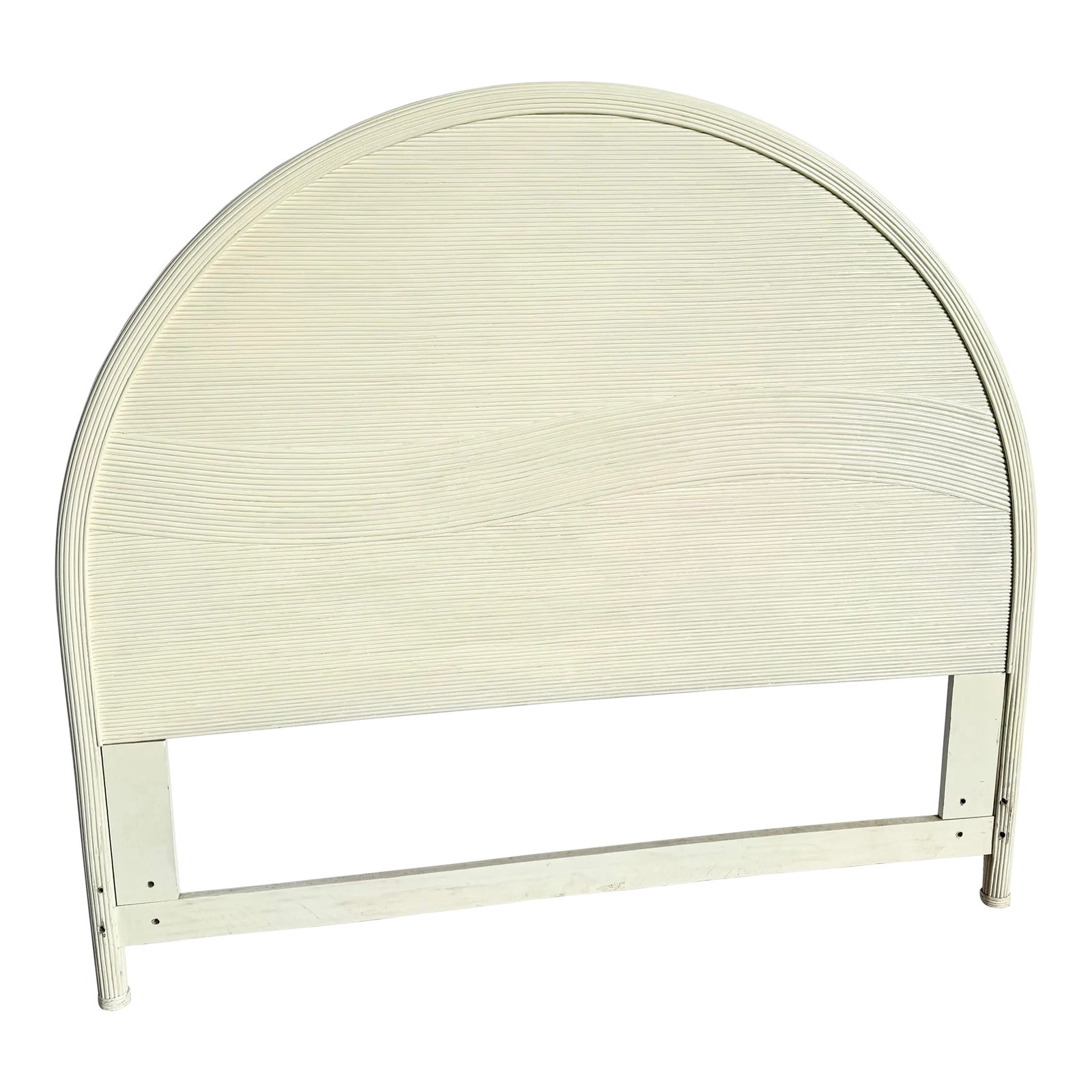 Coastal White Wave Pencil Reed Queen Size Headboard: Evoking the breezy elegance of Old Florida charm, this vintage pencil reed headboard features a sculptural arched silhouette with subtle wave-like carvings that mimic ocean tides. Finished in a soft c