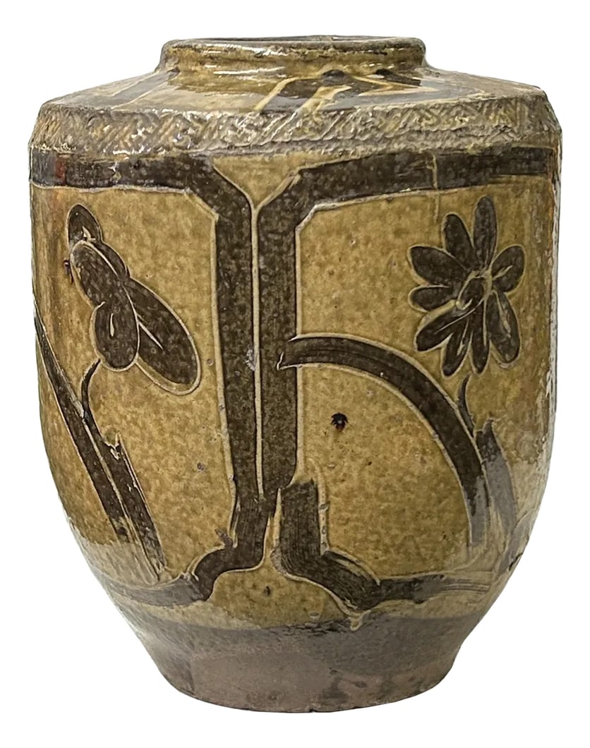 Vintage Earthy Beige Brown Village Rural Pottery Ceramic Pot Vase: This ancient ceramic jar exudes a rustic charm, its weathered surface telling tales of centuries past. The vessel, crafted from earthy pottery ware, features a rounded body that tapers slightly