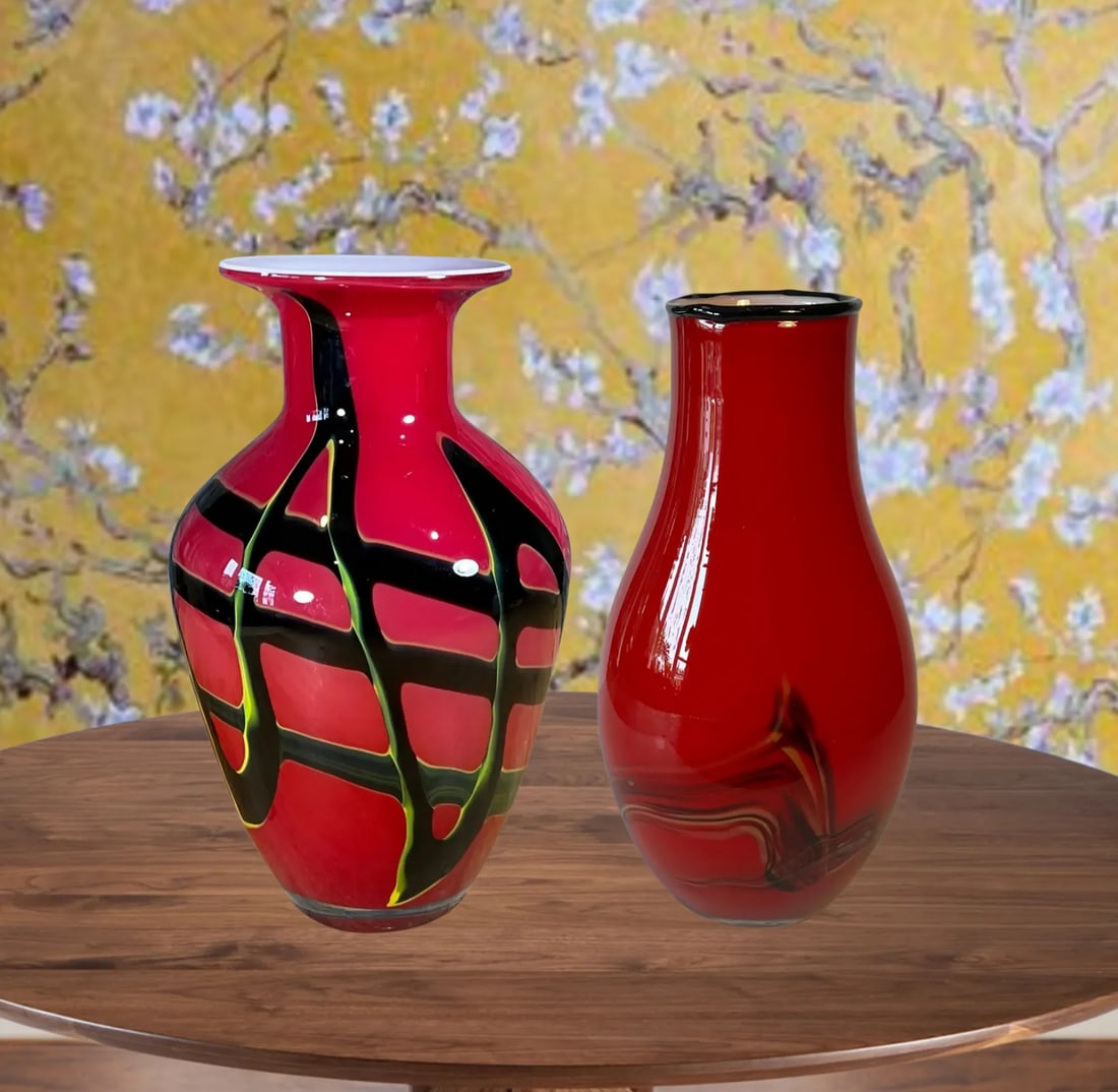Art Glass Red Abstract Vases- A Pair - 3