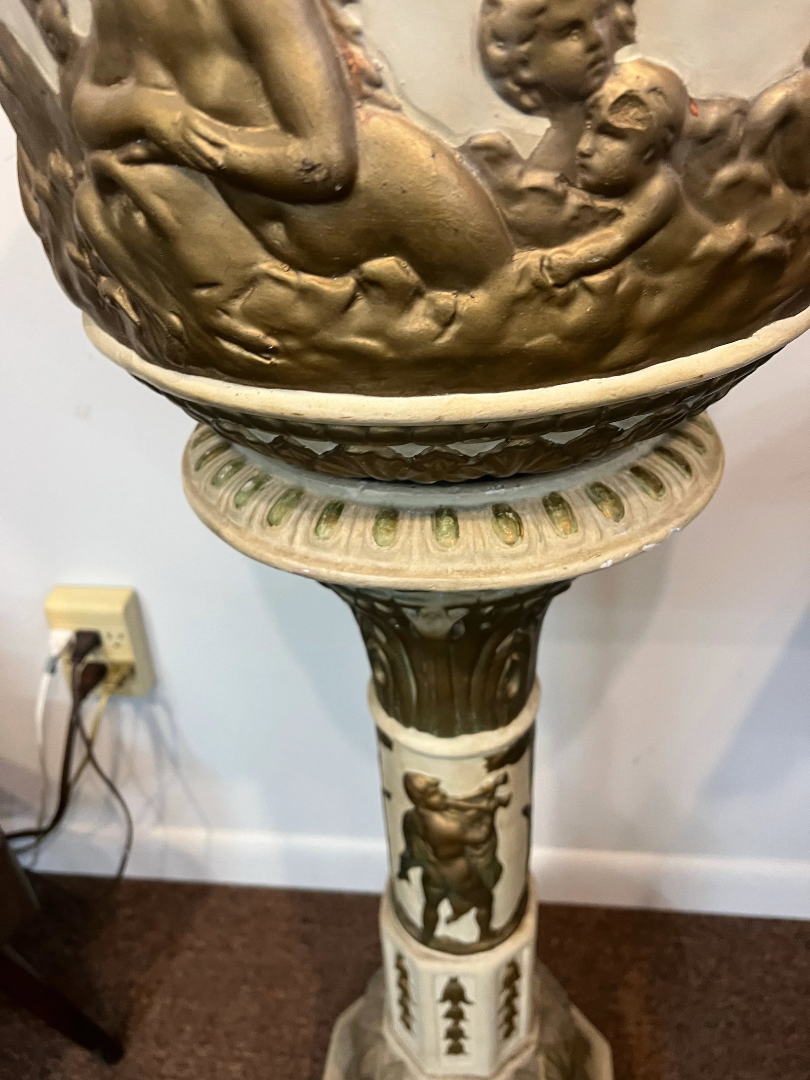 1950's Italian Plaster Cherub Pedestal Jardinier Gold - 3