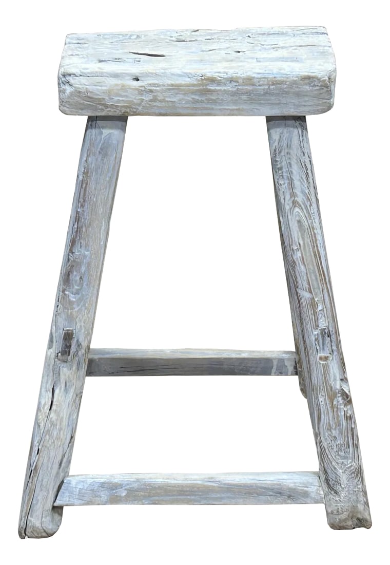 Rustic Raw Rough Wood Grain Rectangle Slim Stool Bench Side Table: This is a rustic, handcrafted wooden stool featuring a simple yet sturdy design that exudes timeless charm. The stool has a slim narrow rectangle seat, showcasing the natural grain and weathered