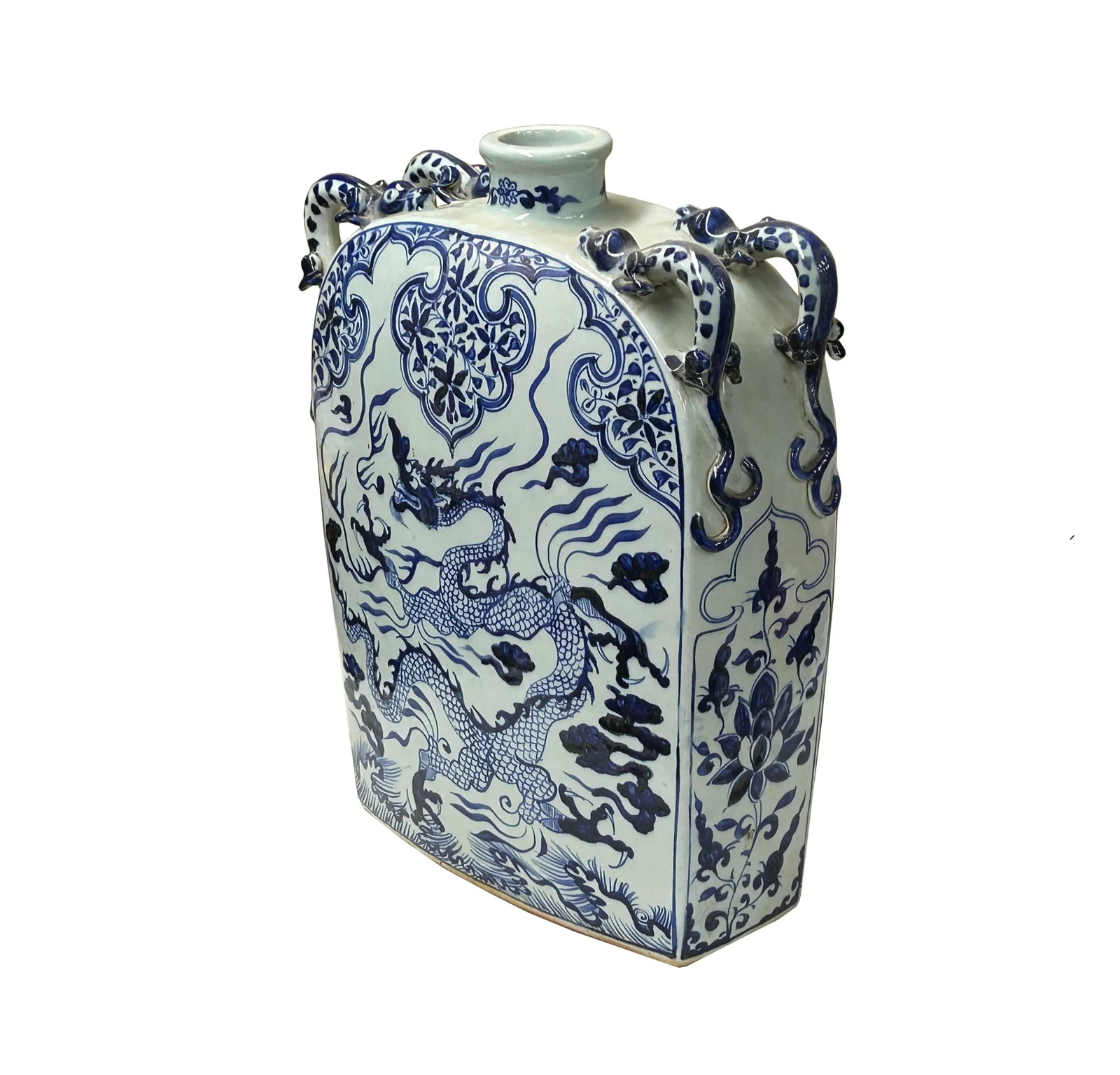 Chinese Blue White Porcelain Dragon Scroll Pattern Square Flat Vase - 2