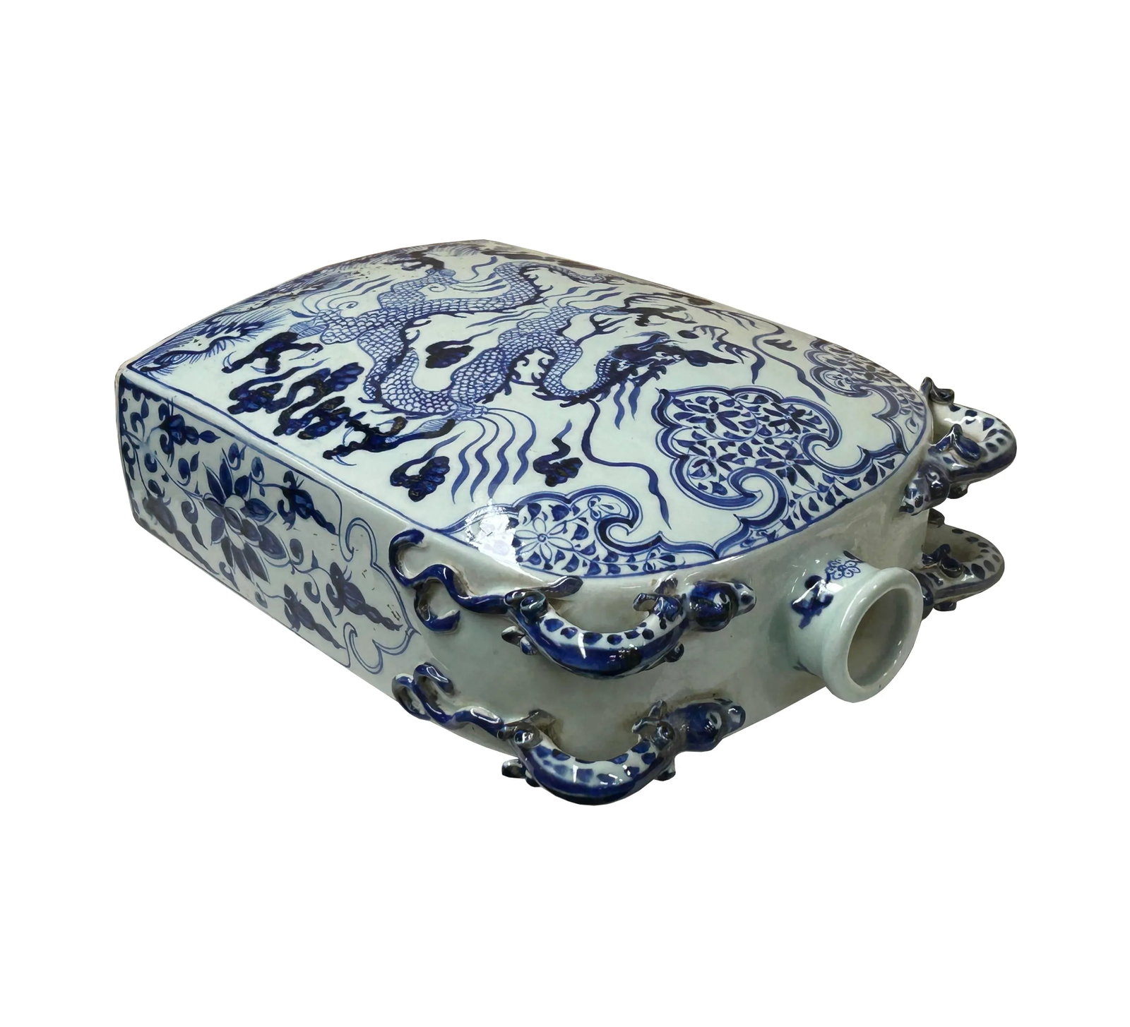 Chinese Blue White Porcelain Dragon Scroll Pattern Square Flat Vase - 3