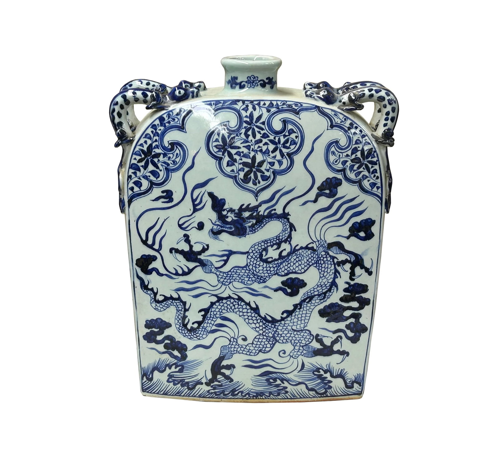 Chinese Blue White Porcelain Dragon Scroll Pattern Square Flat Vase - 4