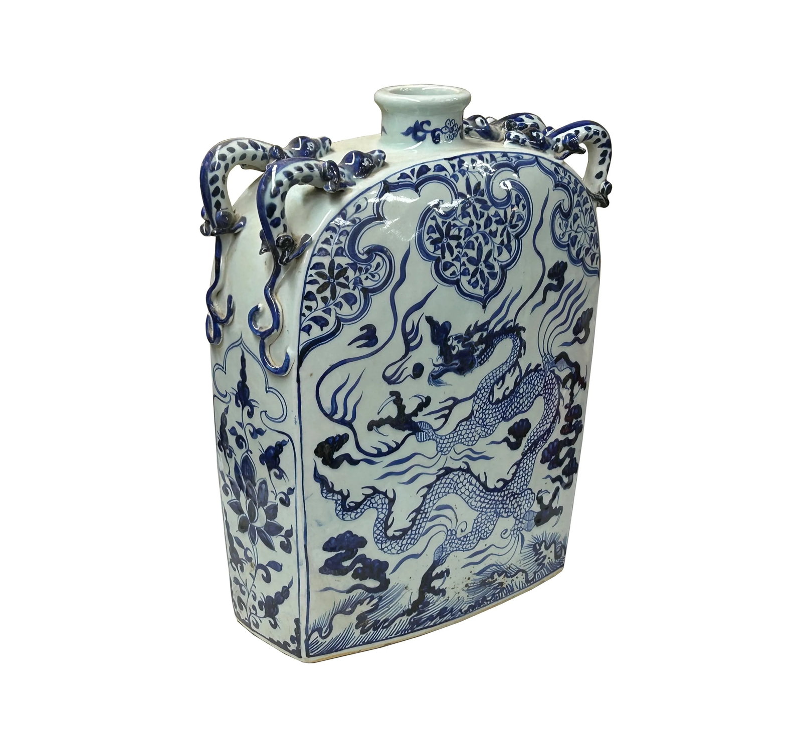 Chinese Blue White Porcelain Dragon Scroll Pattern Square Flat Vase - 5