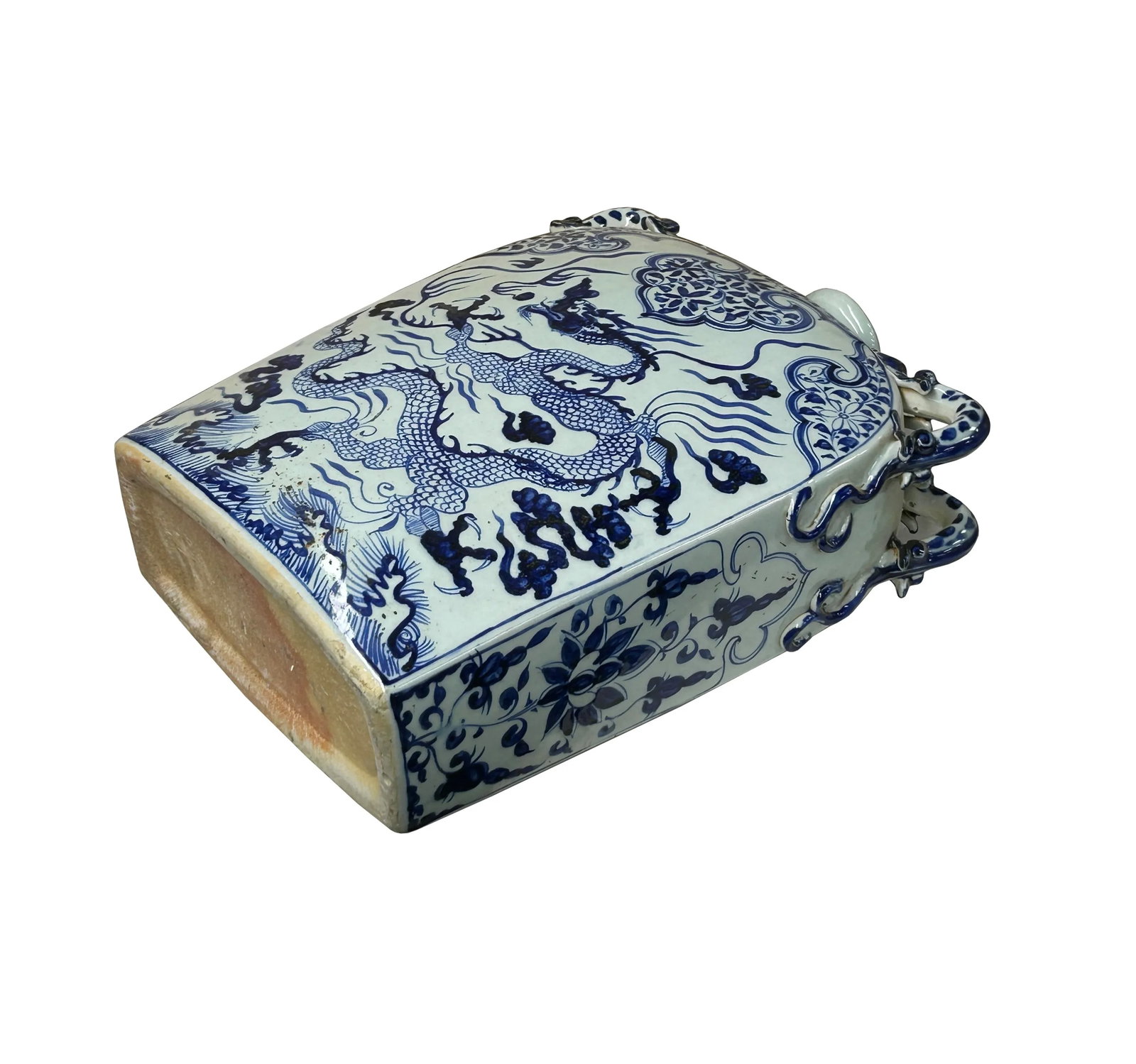 Chinese Blue White Porcelain Dragon Scroll Pattern Square Flat Vase - 6