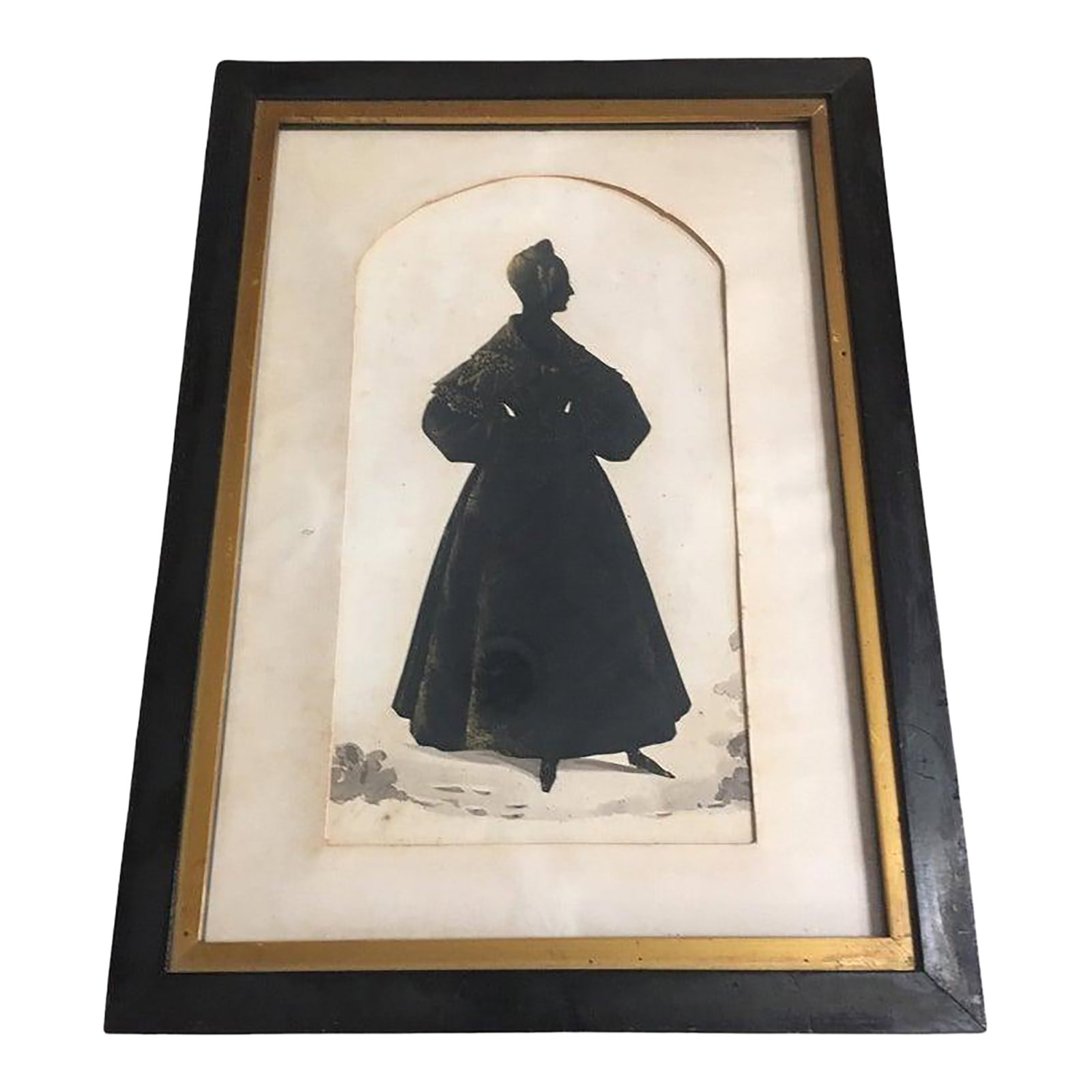 Silhouette of Young Woman With Unusual Shading 1830s Hairstyle and Dress: This very unusual silhouette of a Georgian era woman seen strolling in the garden is framed in a half round top. The detail is incredible- down to her eyelash seen at side view and the folds of her