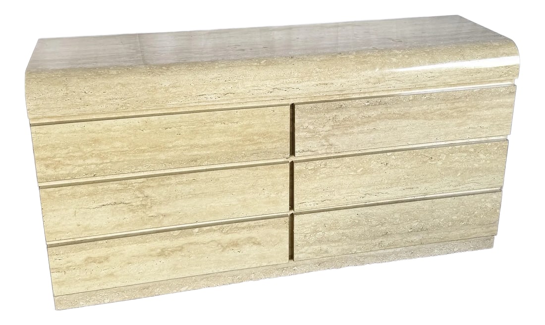Postmodern Faux Travertine Laminate Waterfall Dresser: A sculptural statement in subtle neutrals, this postmodern waterfall dresser channels timeless coastal elegance with its faux travertine laminate finish. The soft curves of the waterfall edge