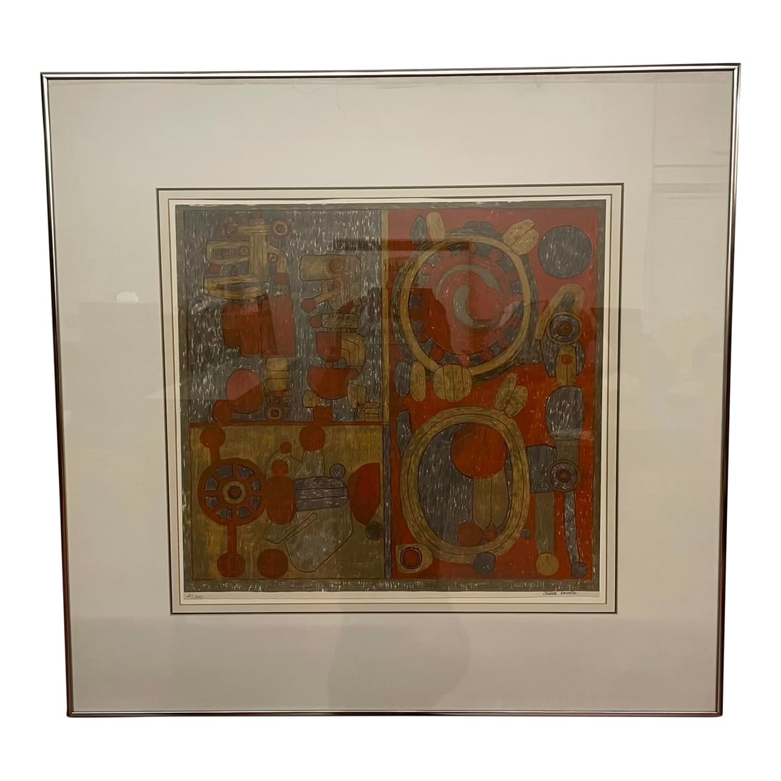 Pierre Courtin Lithograph, "Paul Six Ans" 1971 S/N: Vibrant and abstract, this signed and numbered 1971 original lithograph by French artist Pierre Courtin adds bold, graphic energy to any space. Titled "Paul Six Ans", the work blends earthy reds,