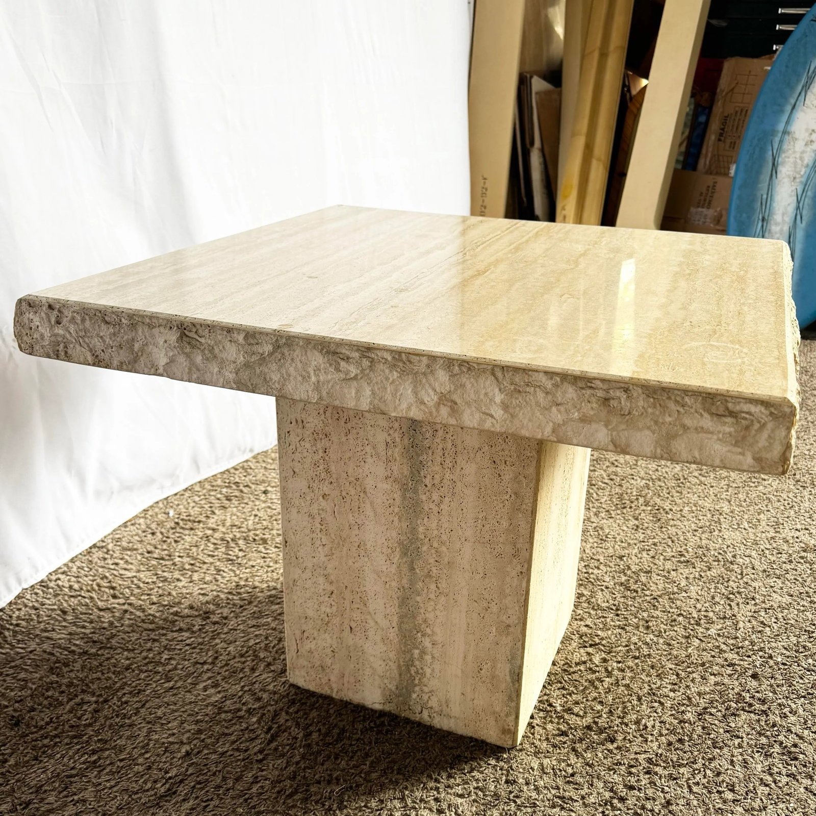 Italian Square Top Travertine Side Table With Raw Edges - 3