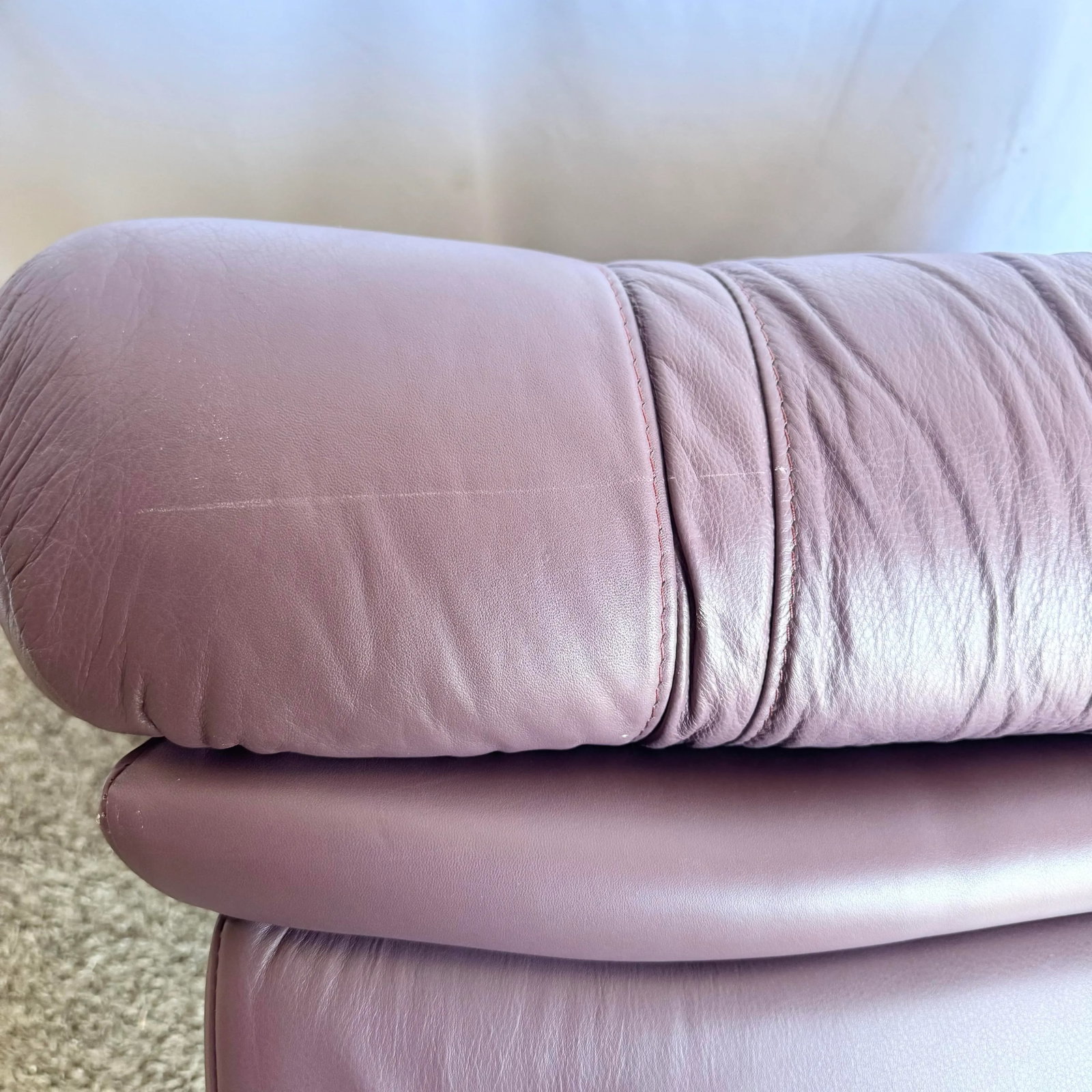 Vintage Italian Purple Leather Ottomans on Castors - A Pair - 11