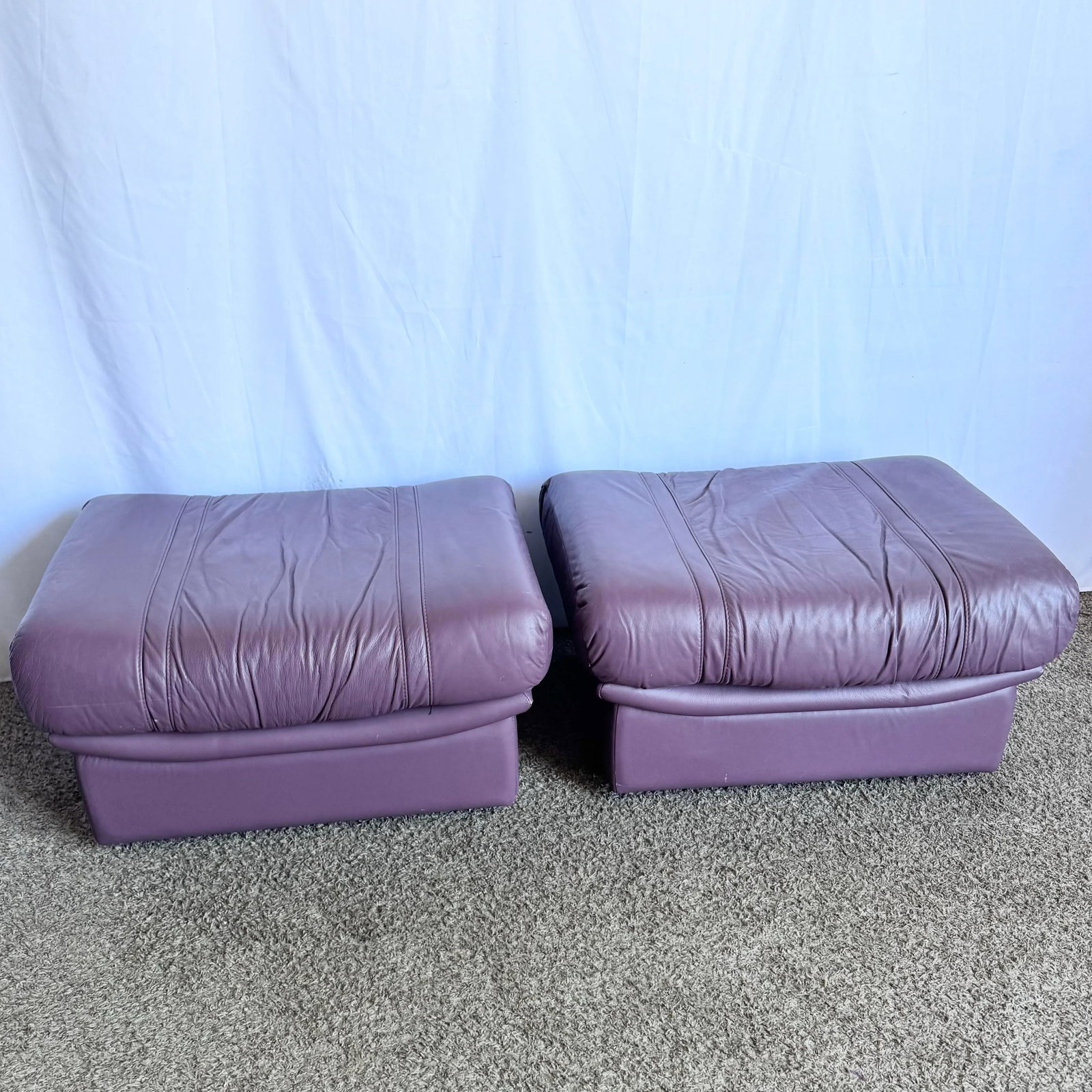 Vintage Italian Purple Leather Ottomans on Castors - A Pair - 2