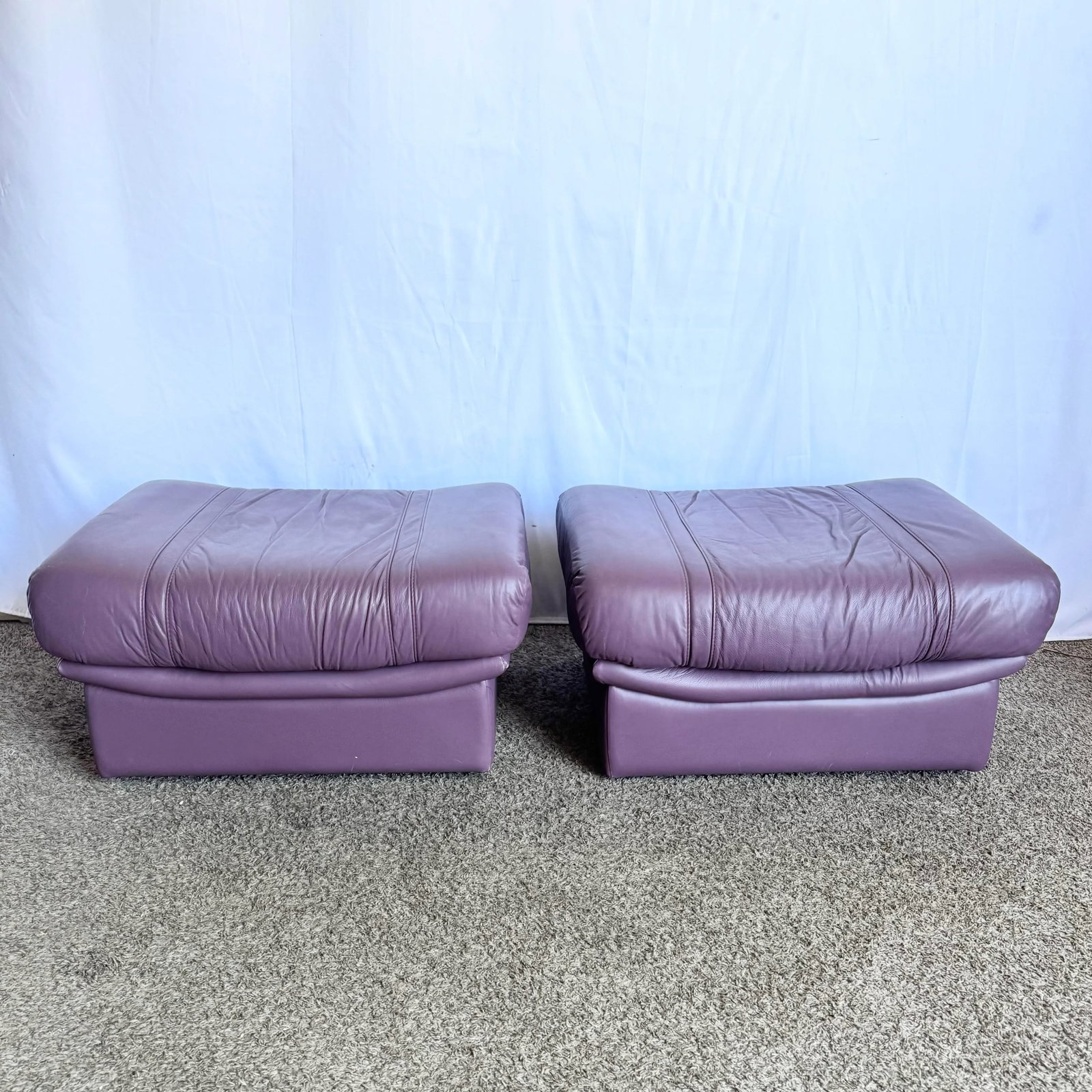 Vintage Italian Purple Leather Ottomans on Castors - A Pair - 3