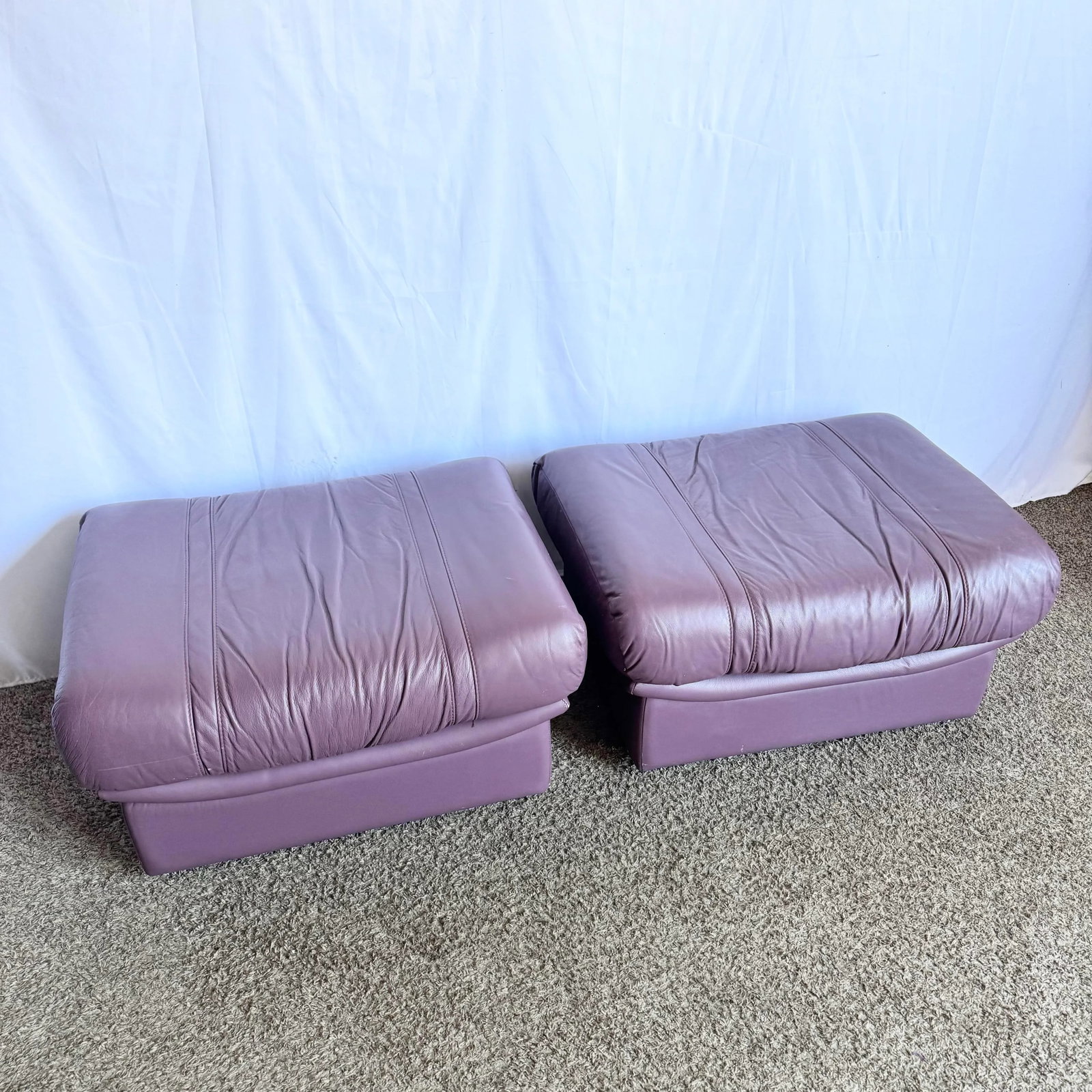 Vintage Italian Purple Leather Ottomans on Castors - A Pair - 5