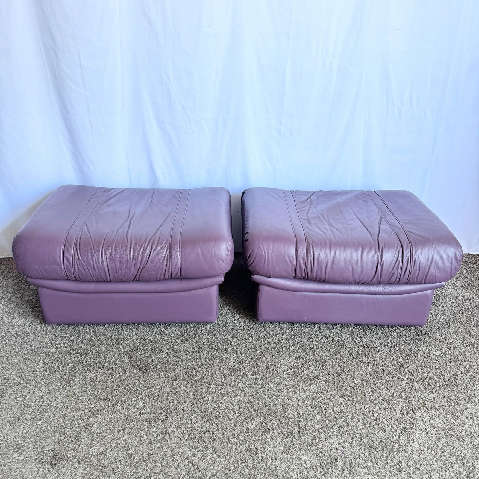 Vintage Italian Purple Leather Ottomans on Castors - A Pair - 6