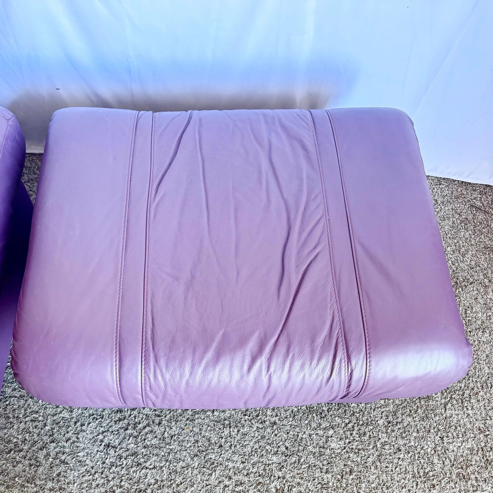 Vintage Italian Purple Leather Ottomans on Castors - A Pair - 7