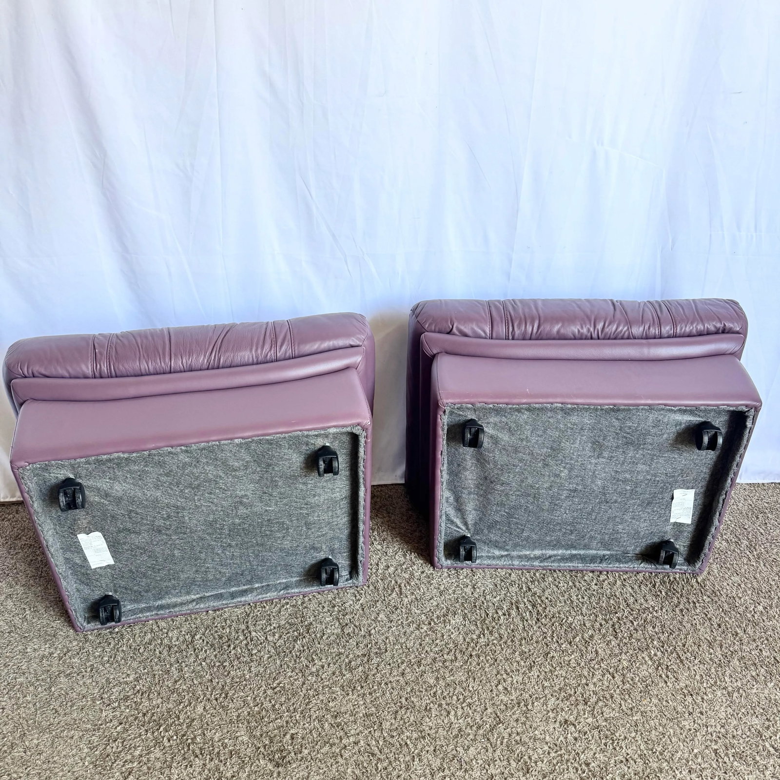 Vintage Italian Purple Leather Ottomans on Castors - A Pair - 9