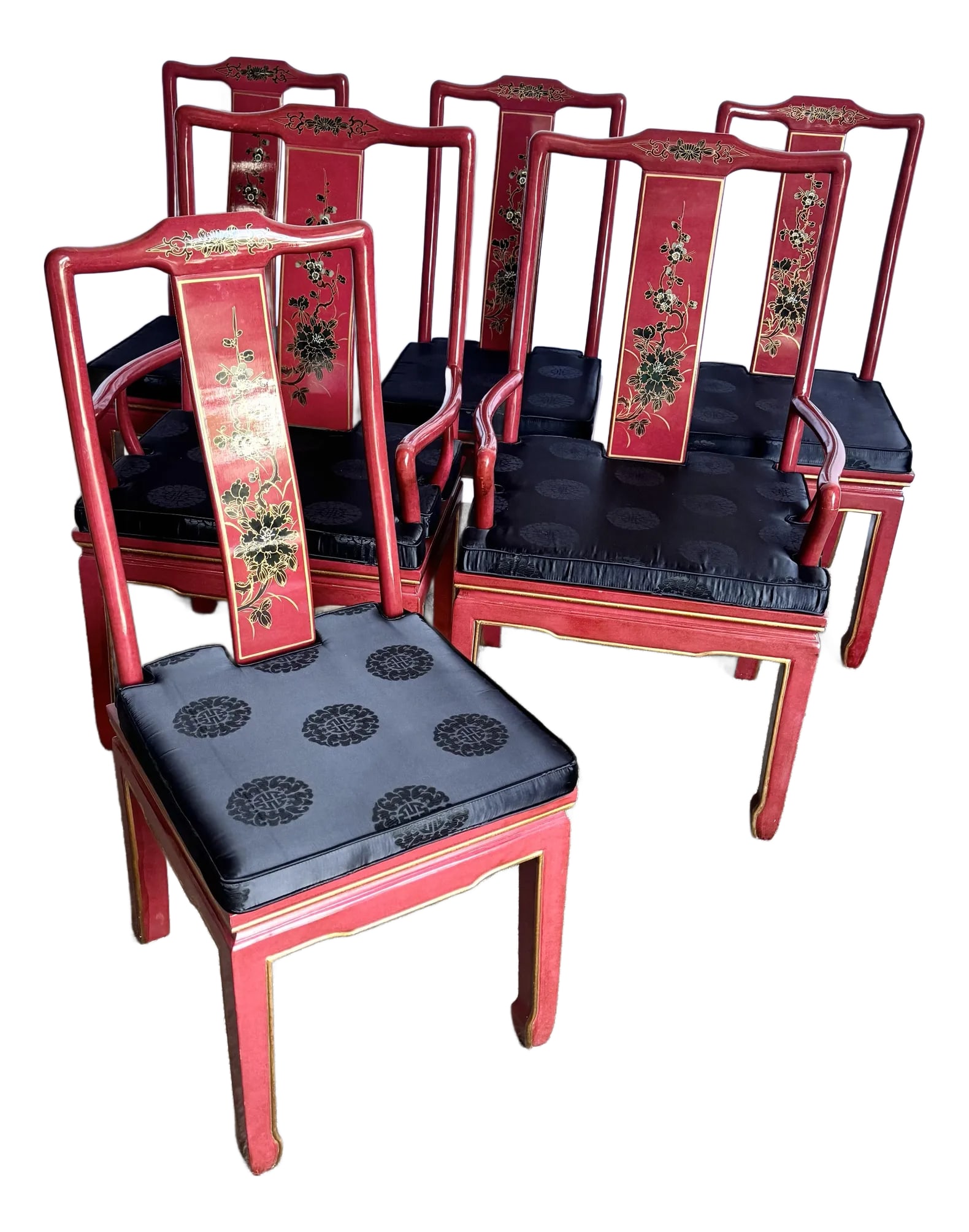 Chinese Red and Gold Lacquered Hand Painted Dining Chairs - Set of 6: A radiant blend of artistry and tradition, this set of six vintage Chinese dining chairs is finished in bold red lacquer with hand-painted gold and black floral motifs. The high backrests feature eleg