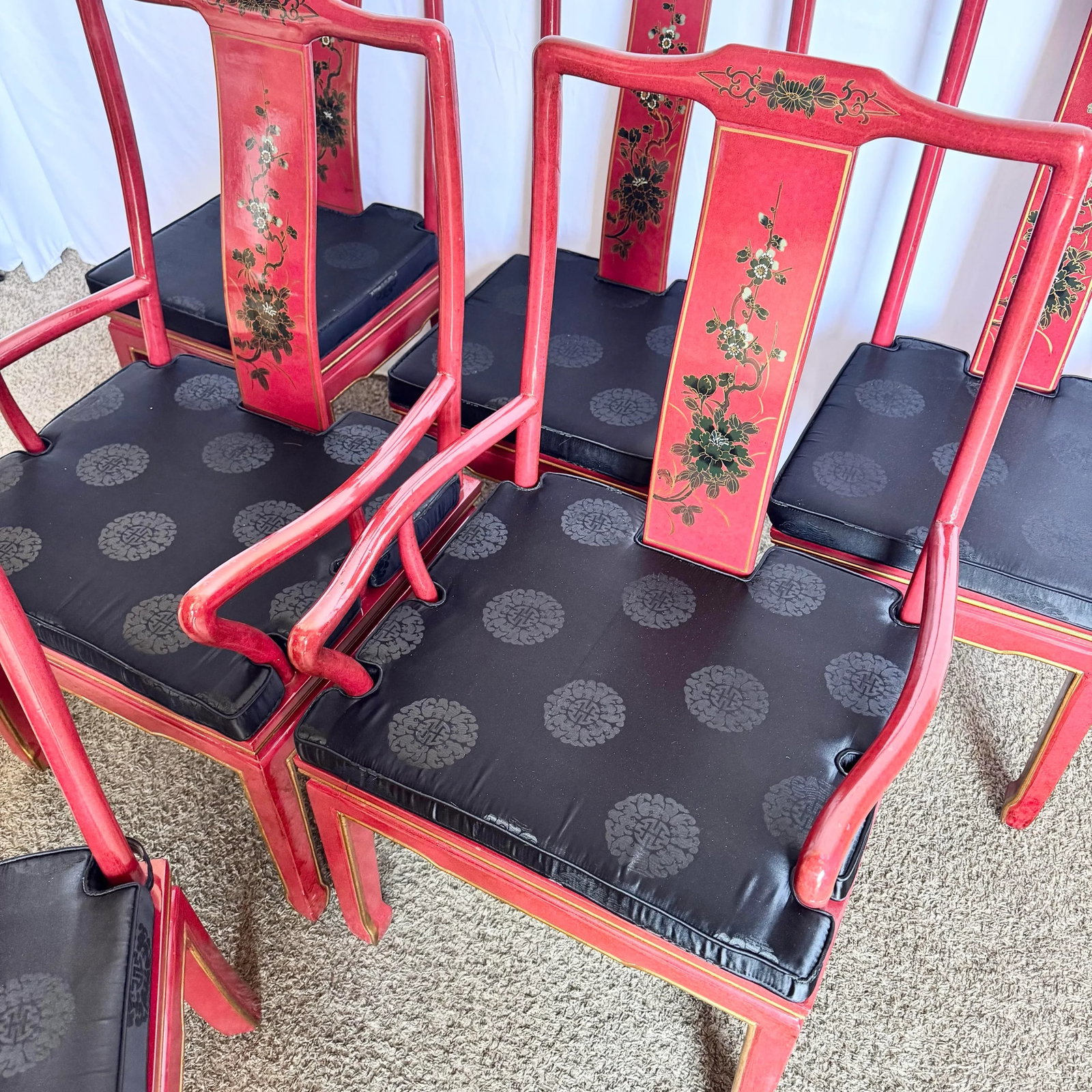 Chinese Red and Gold Lacquered Hand Painted Dining Chairs - Set of 6 - 2