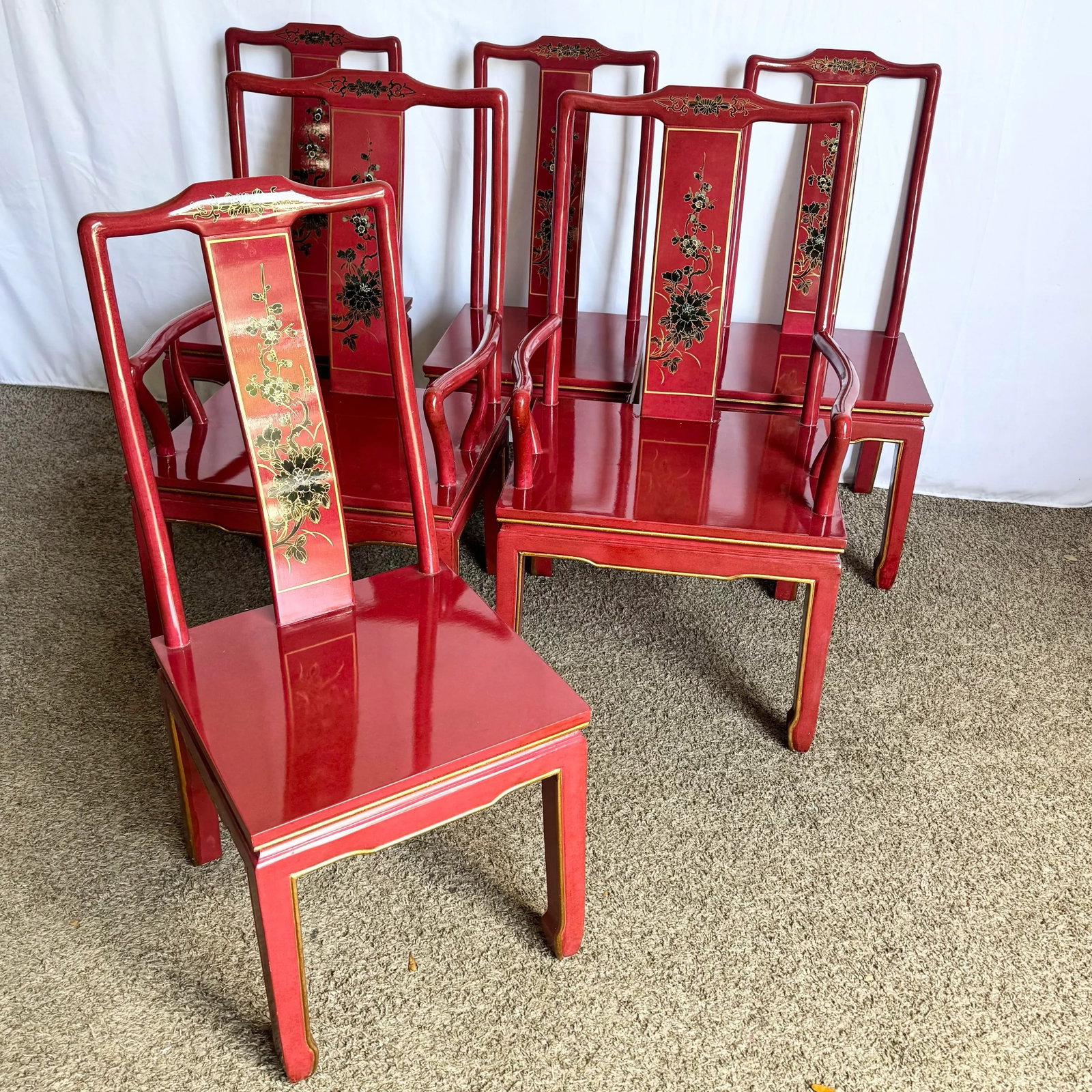 Chinese Red and Gold Lacquered Hand Painted Dining Chairs - Set of 6 - 3