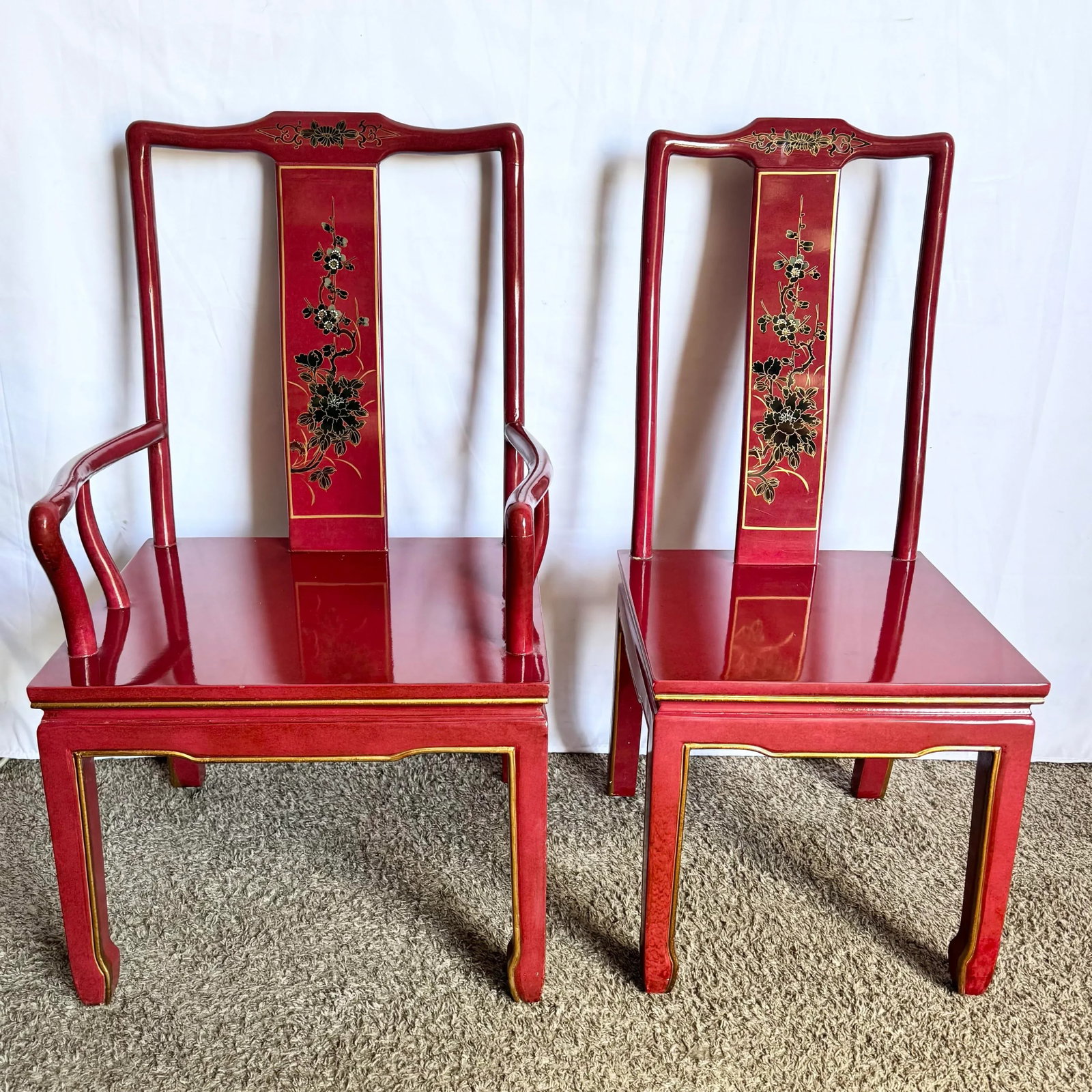 Chinese Red and Gold Lacquered Hand Painted Dining Chairs - Set of 6 - 4