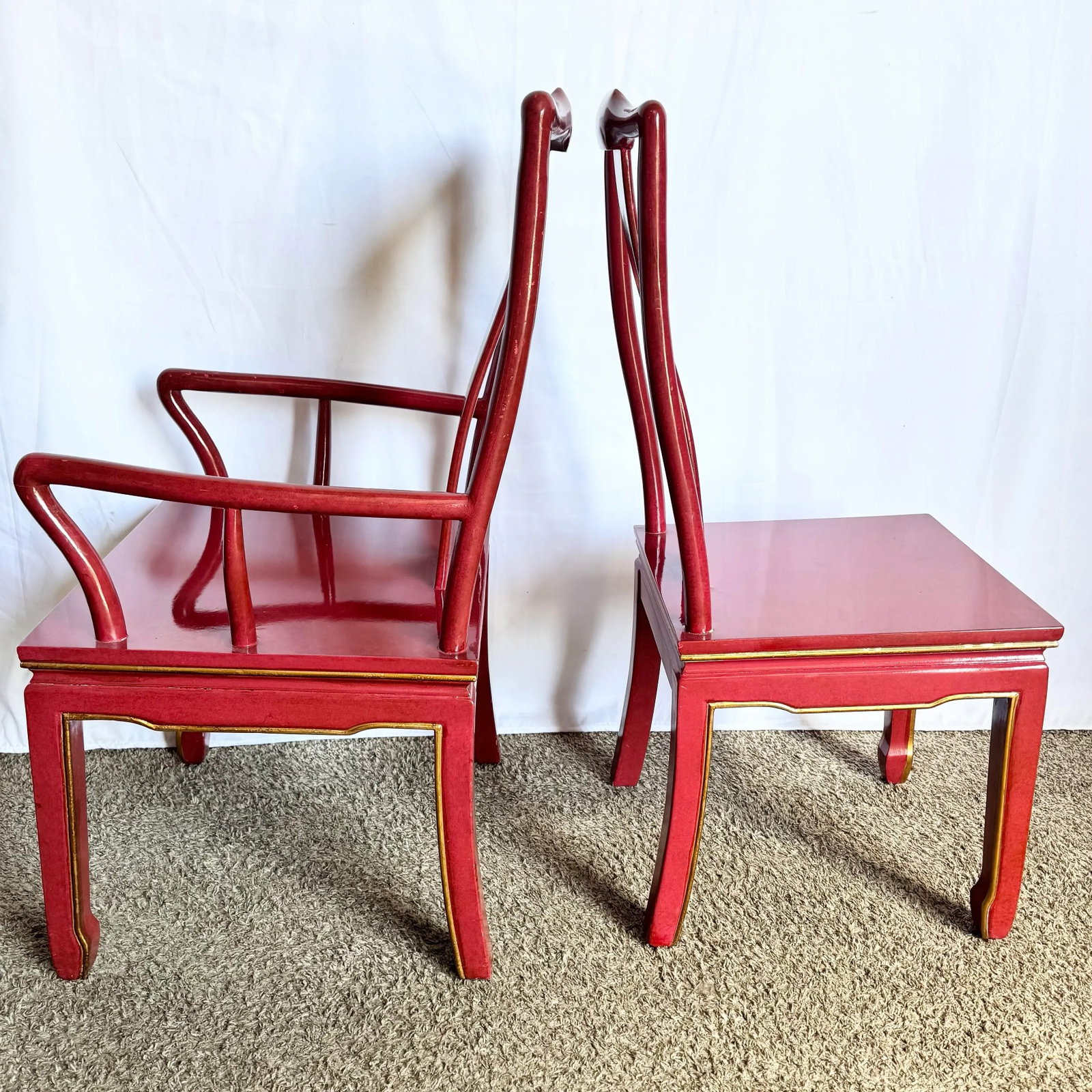 Chinese Red and Gold Lacquered Hand Painted Dining Chairs - Set of 6 - 5