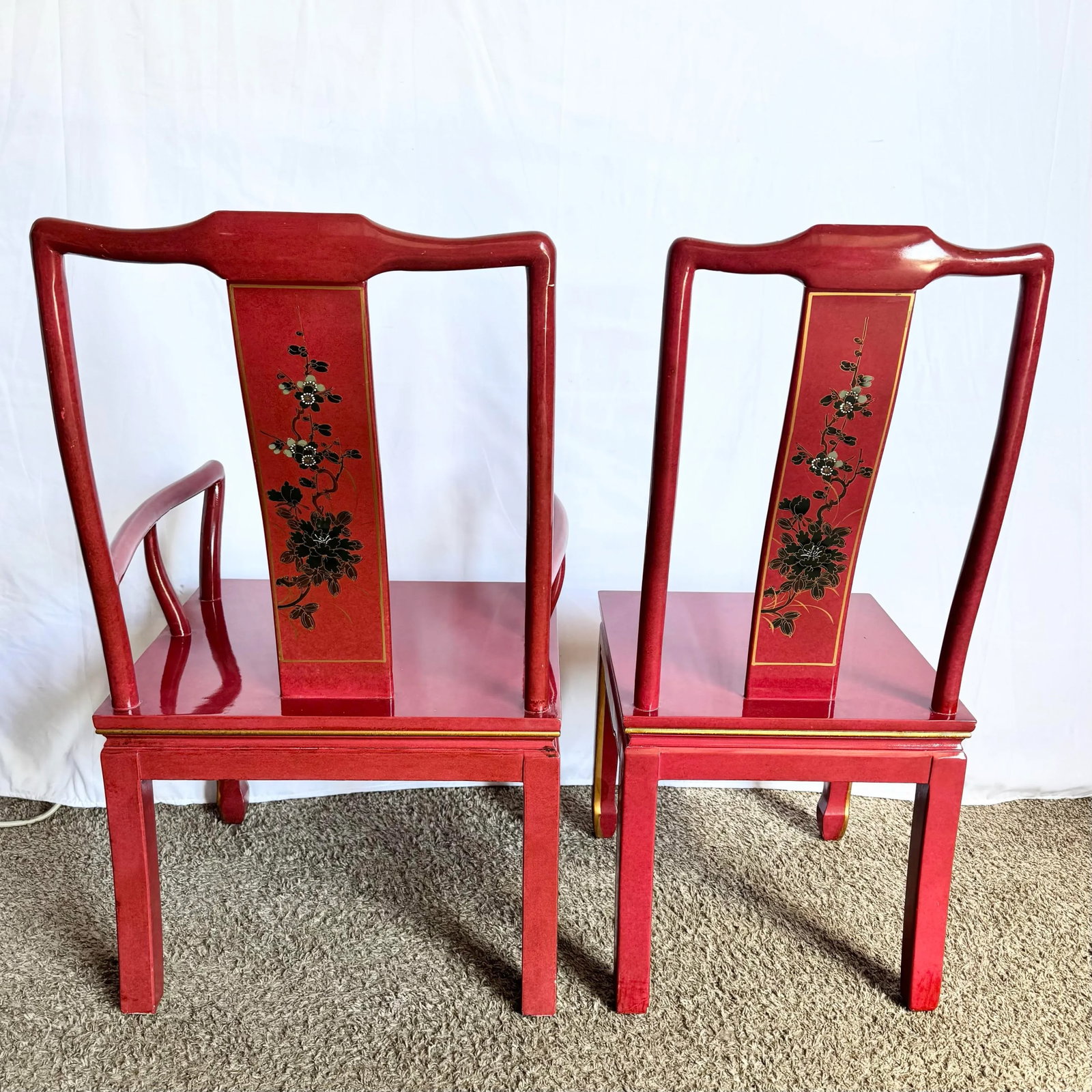 Chinese Red and Gold Lacquered Hand Painted Dining Chairs - Set of 6 - 6