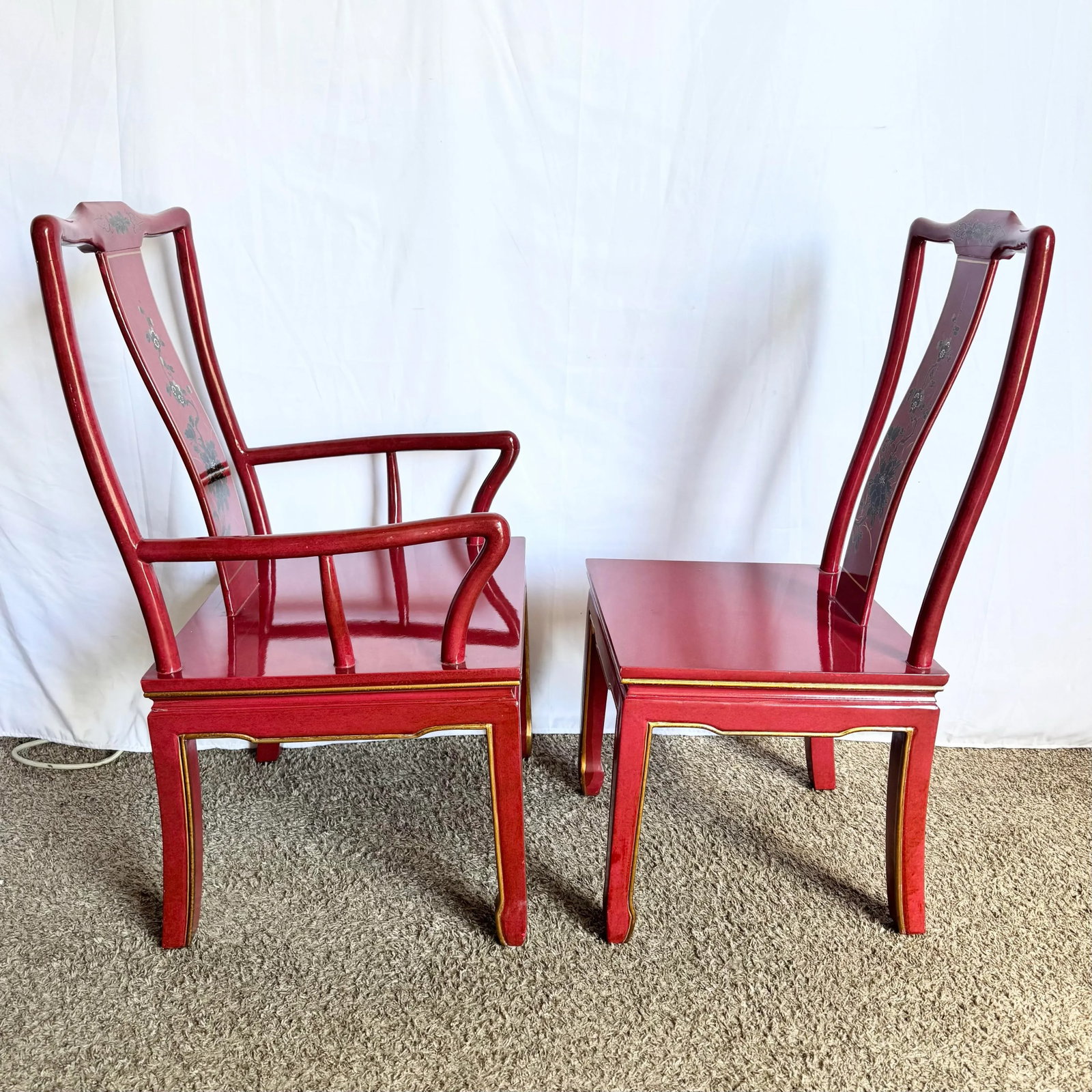 Chinese Red and Gold Lacquered Hand Painted Dining Chairs - Set of 6 - 7