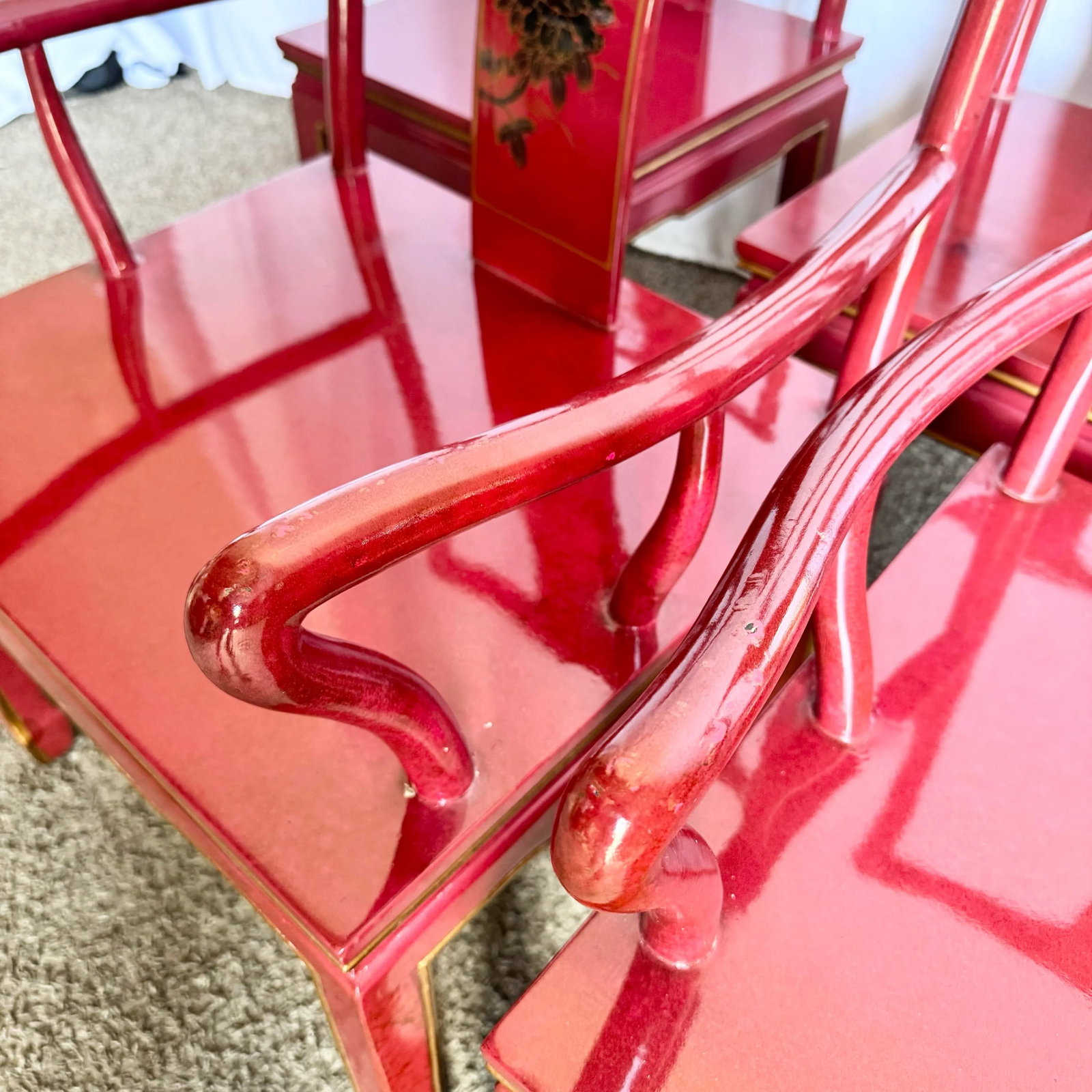 Chinese Red and Gold Lacquered Hand Painted Dining Chairs - Set of 6 - 9