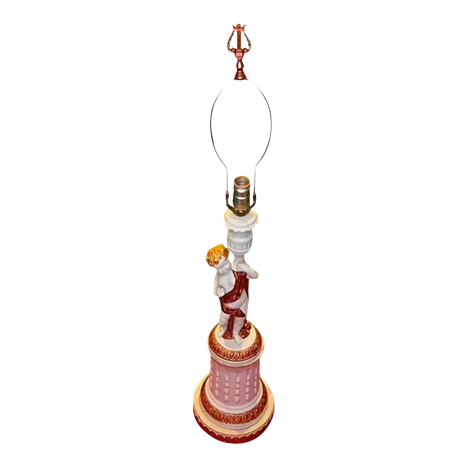 Vintage Parian Bisque Figural Cherub Table Lamp: This Parian bisque cherub table lamp exudes classical elegance, seamlessly blending artistry and refinement. At its heart is a beautifully sculpted white porcelain bisque cherub, meticulously detailed