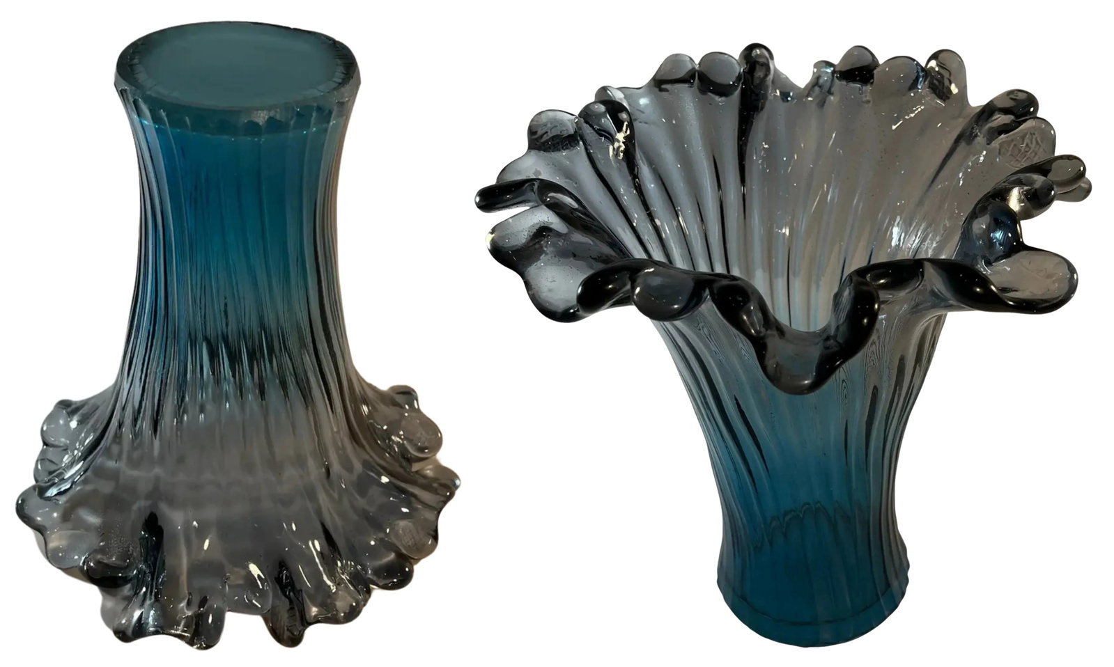Murano Art Glass Teal Ribbed Trumpet Vase - 11