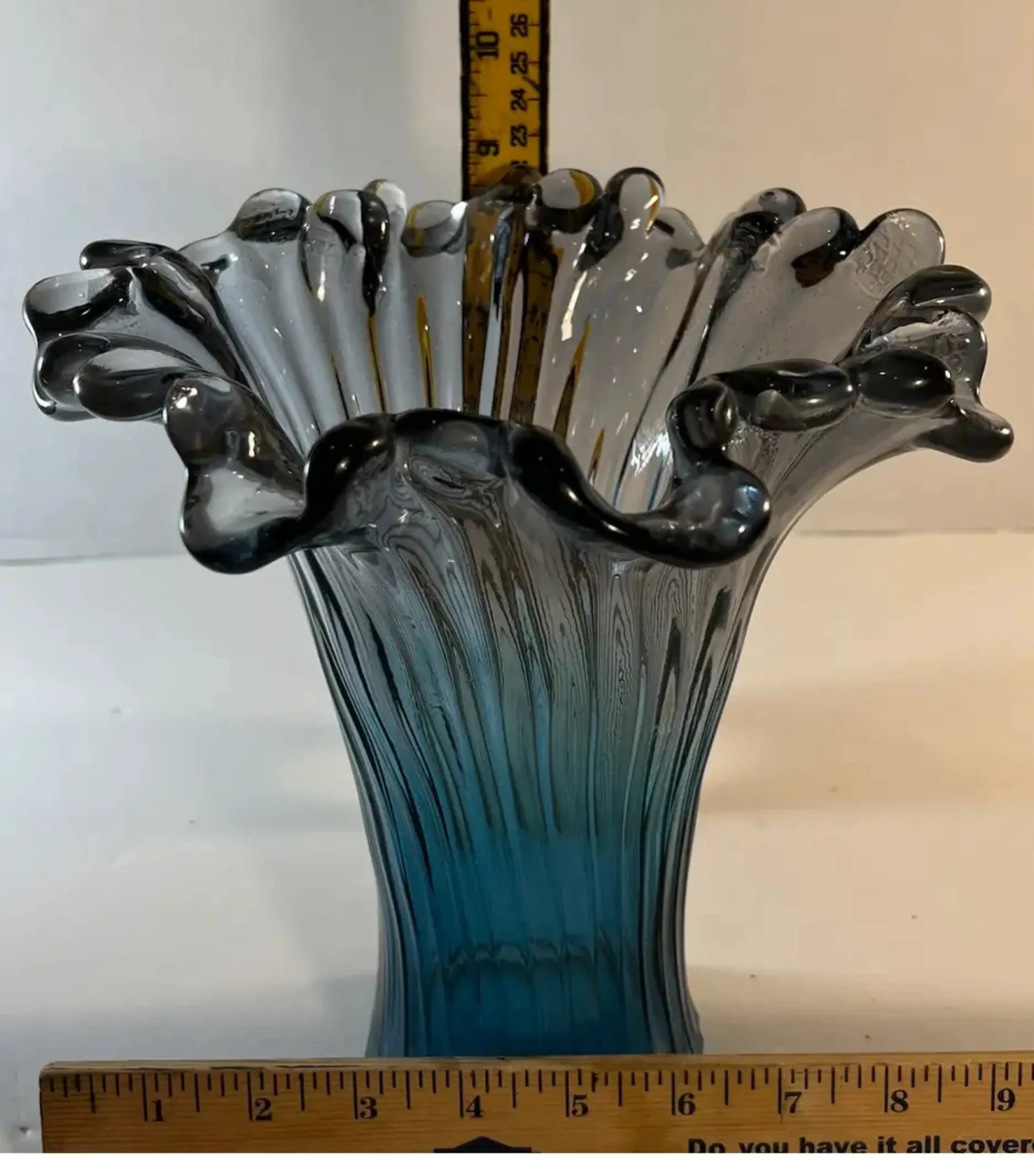 Murano Art Glass Teal Ribbed Trumpet Vase - 12