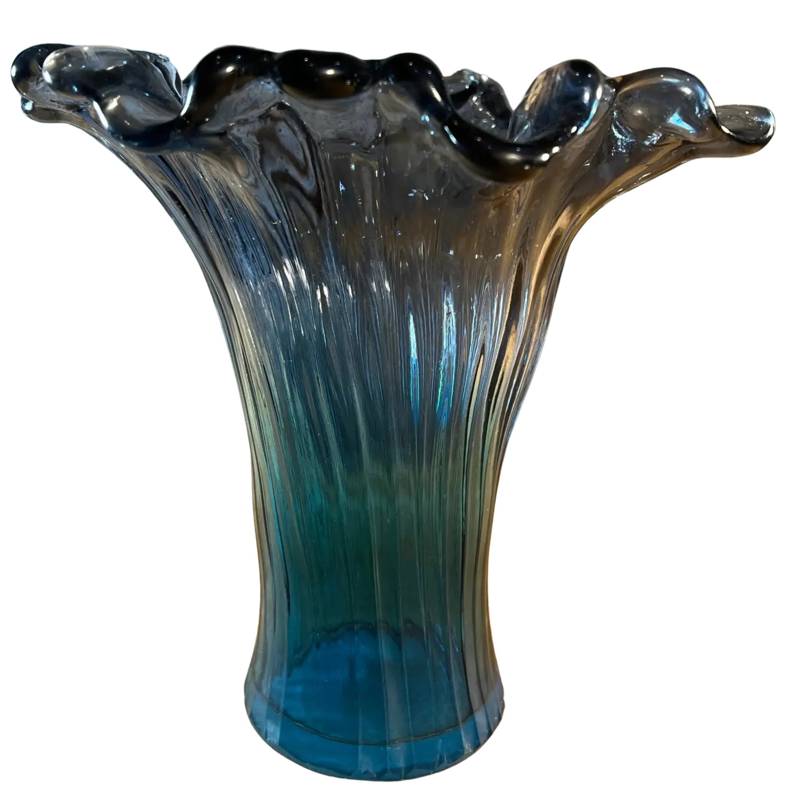 Murano Art Glass Teal Ribbed Trumpet Vase - 2