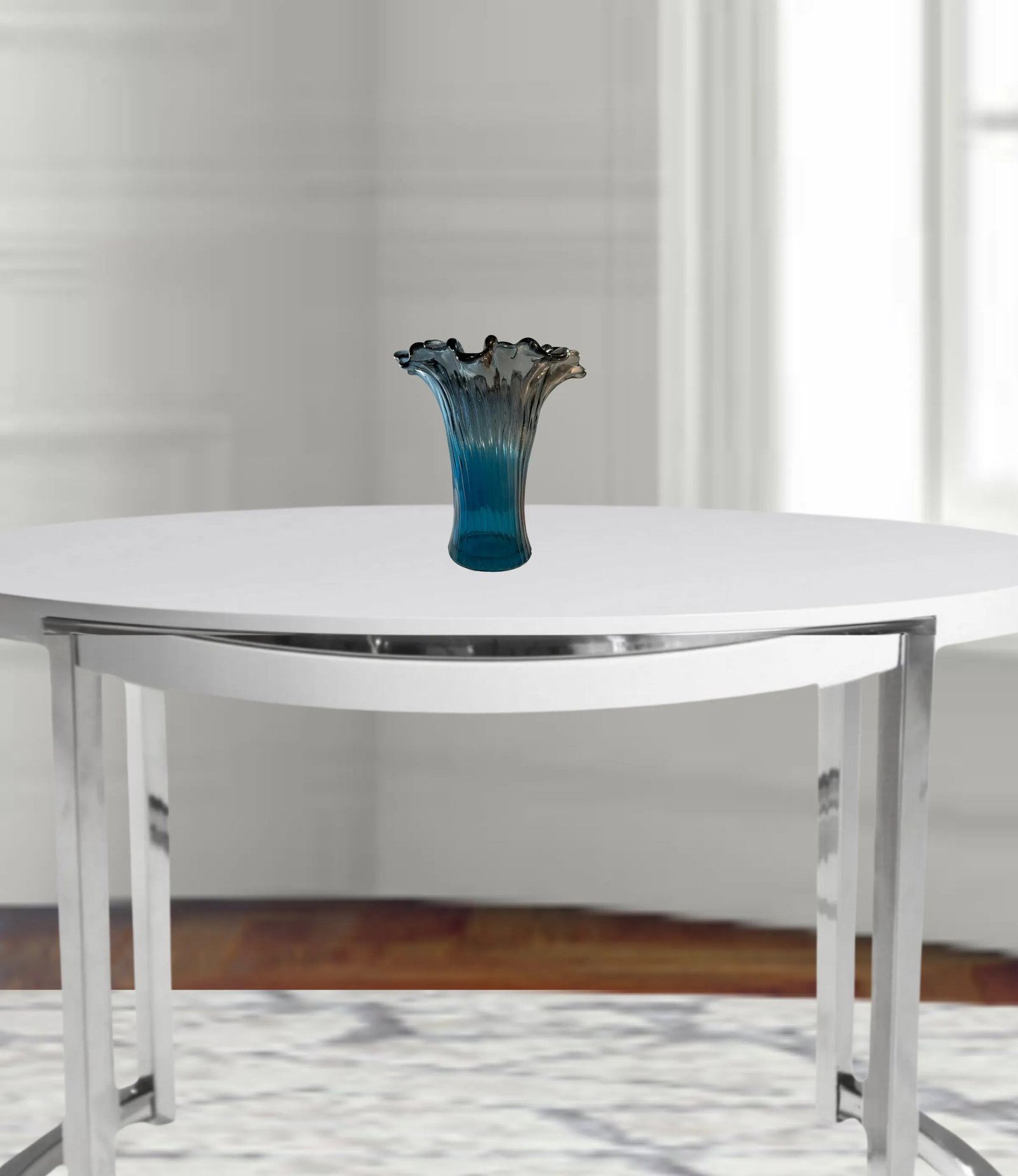 Murano Art Glass Teal Ribbed Trumpet Vase - 3