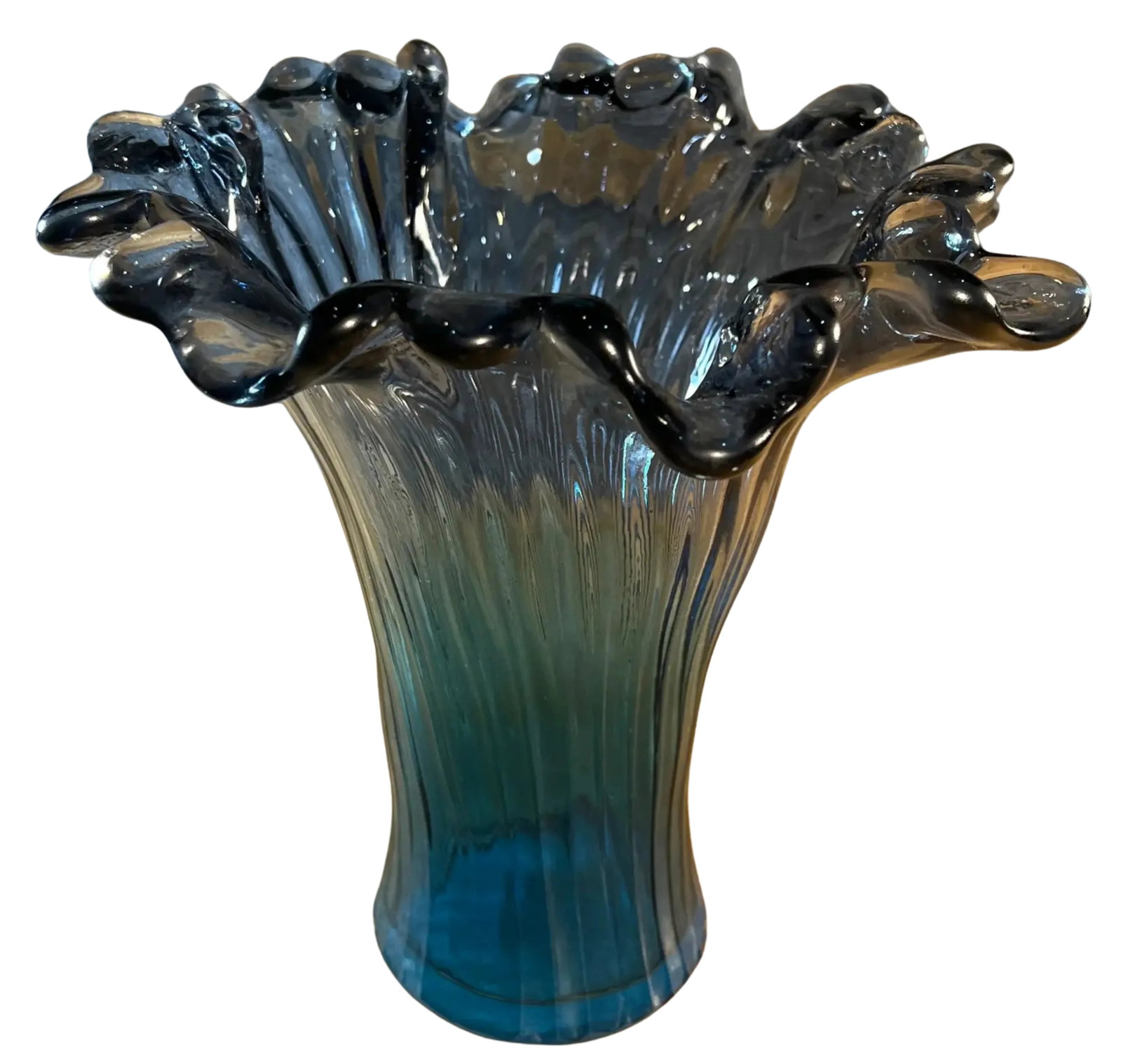 Murano Art Glass Teal Ribbed Trumpet Vase - 5
